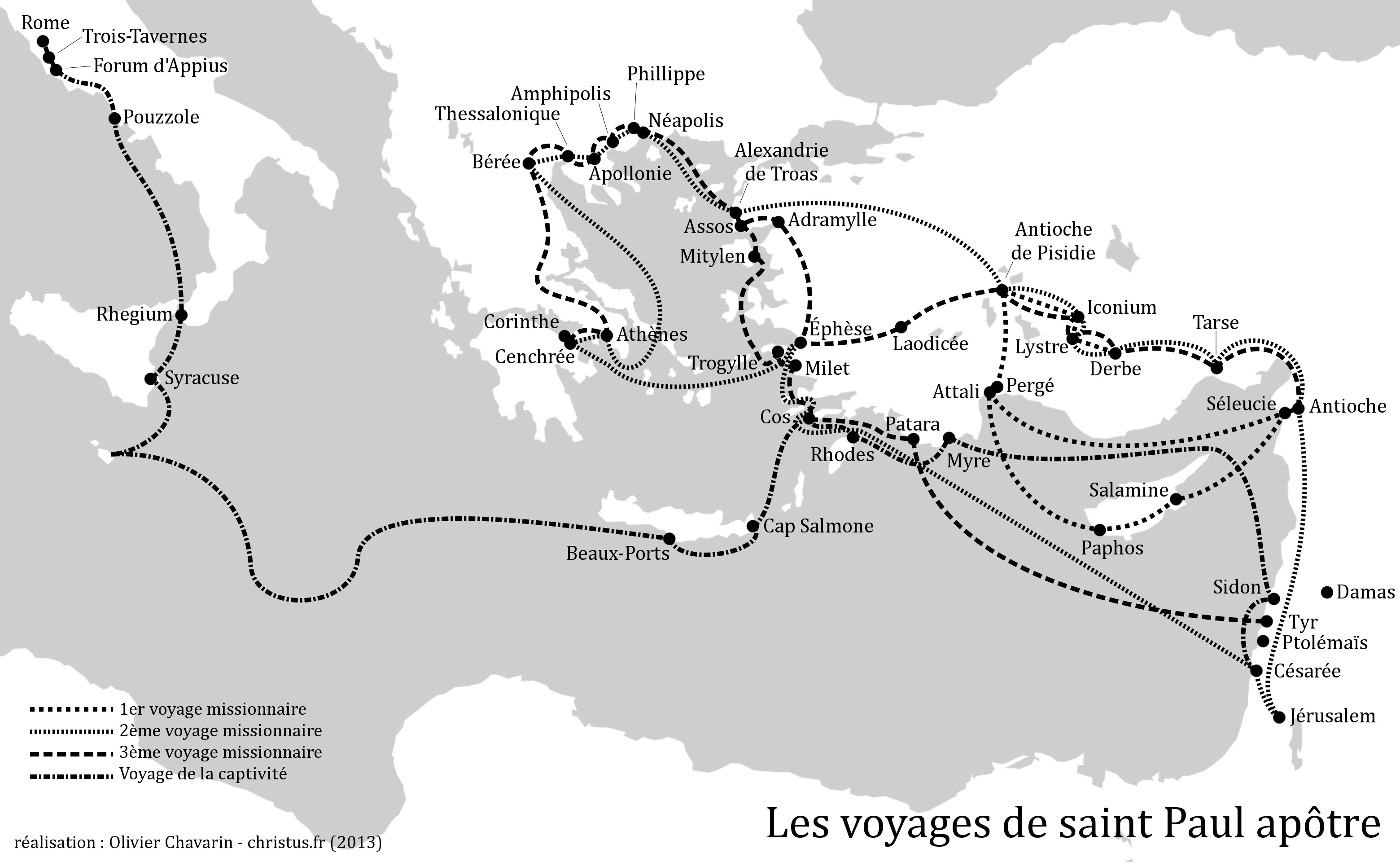 Carte des voyages de saint Paul. Version monochrome.