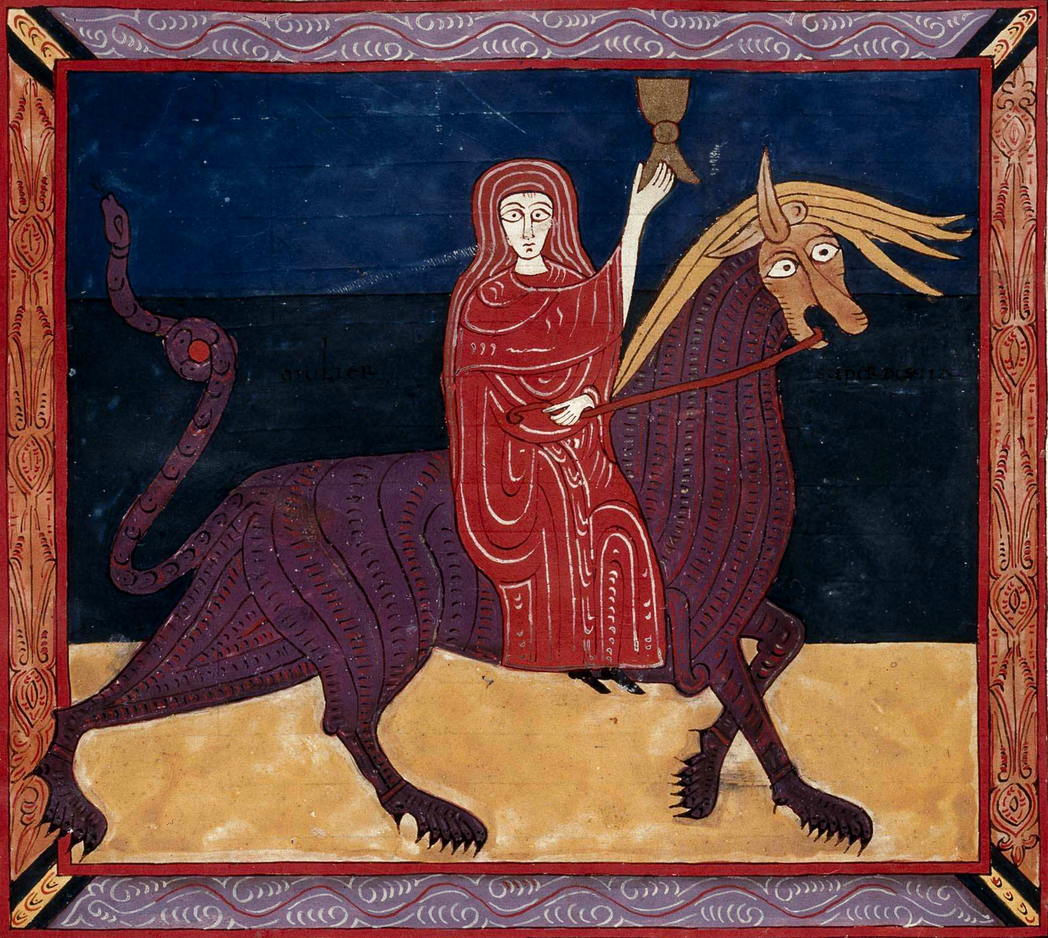 Beatus de Facundus, p. 145 – La femme, assise sur la Bête écarlate, se saoule du sang des saints et des martyrs (Ap 17, 3-6).