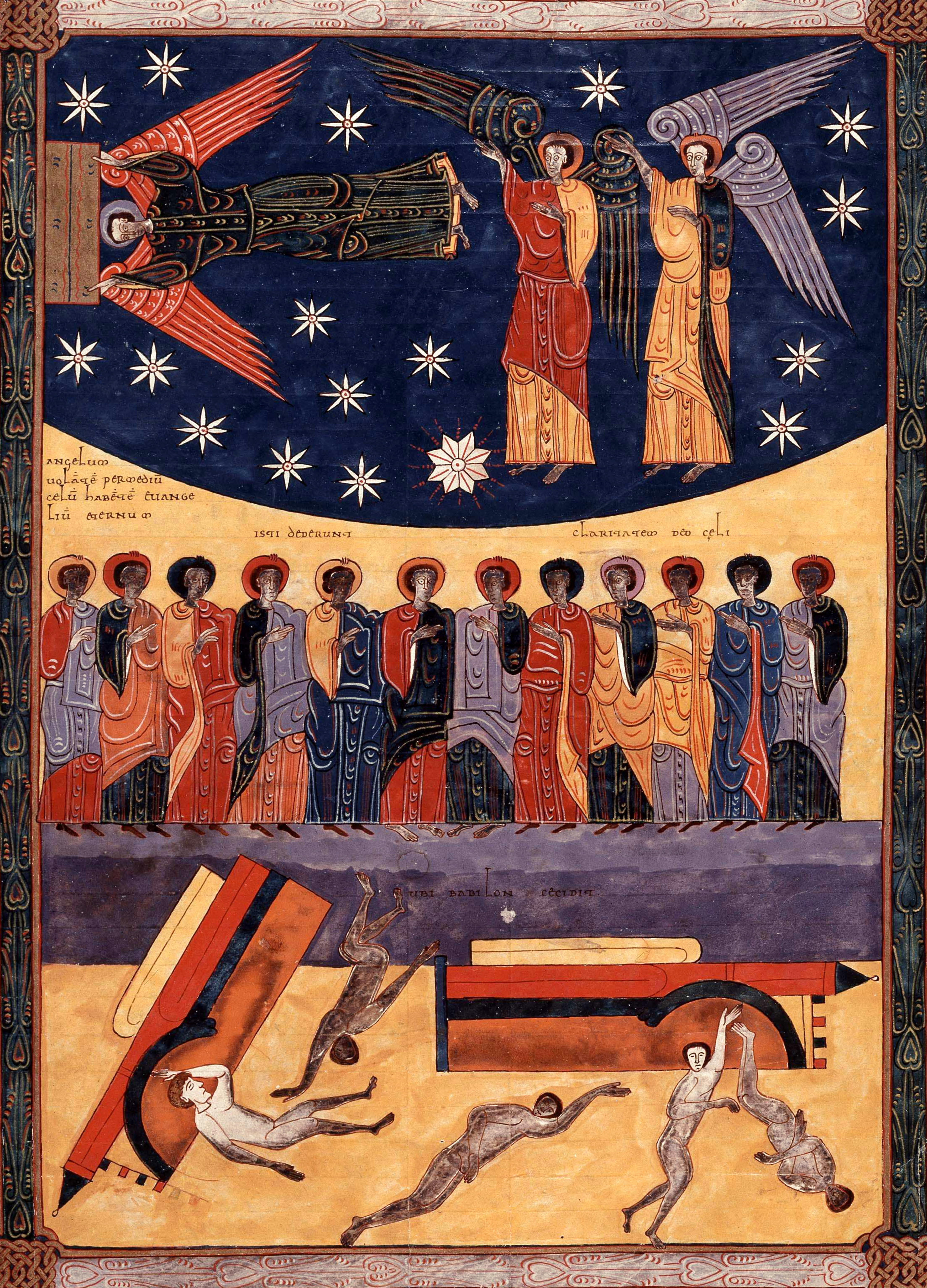 Beatus de Facundus, p. 414 – Avertissement des trois anges volant au zénith, la chute de Babylone la Grande (Ap 14, 6-11).