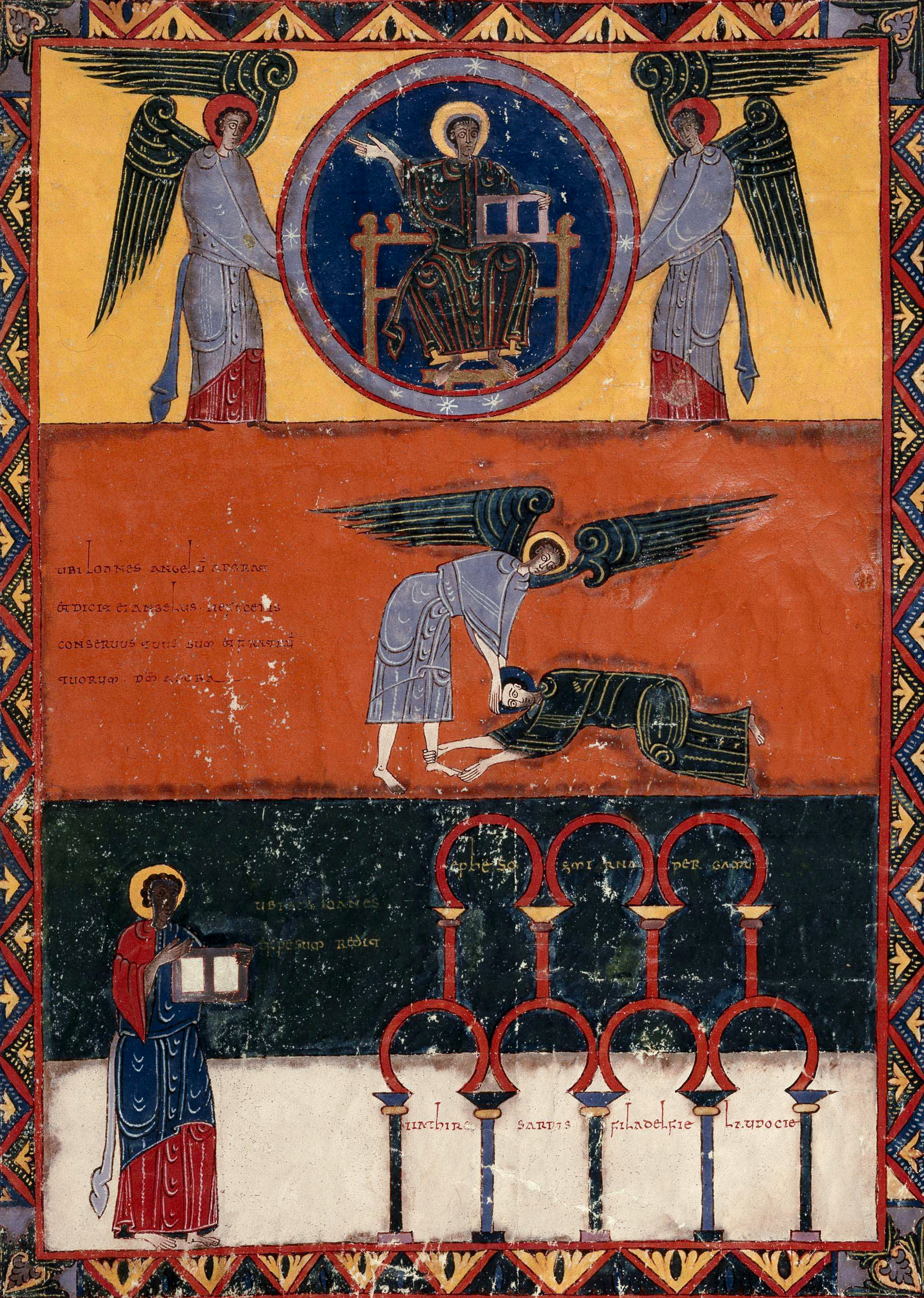 Beatus de Facundus, p. 524 – Jean se prosterne à nouveau devant un ange qui l’invite à se relever et à adorer Dieu seul (Ap 22, 8-9) ; le reste de la miniature rappelle celle de la page 91.