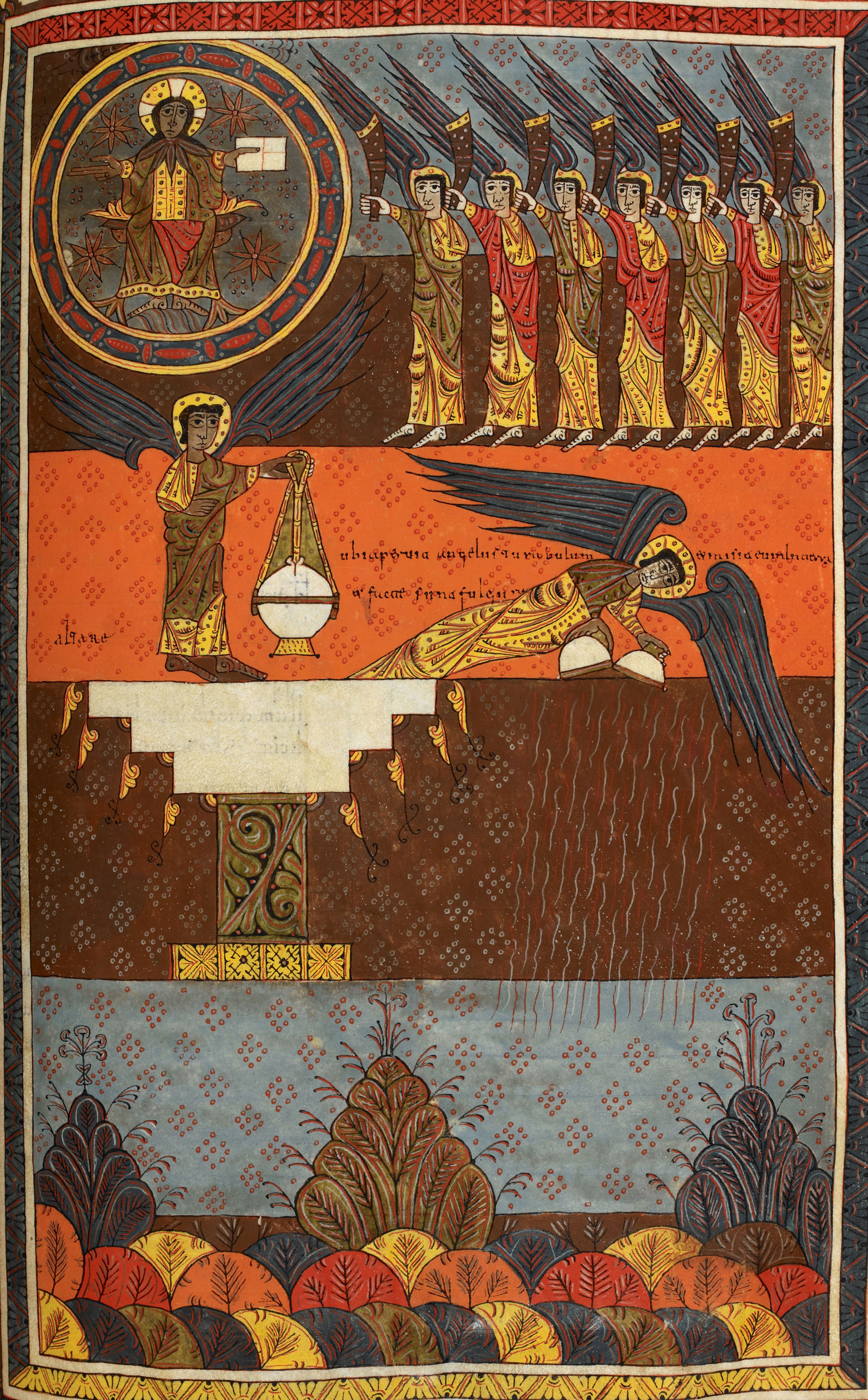 Beatus de Silos, folio 126r – Ouverture du septième sceau, les sept trompettes ; un ange thuriféraire porte la prière des saints sur l’autel d’or placé devant le trône, il jette ensuite le feu de l’autel sur la terre (Ap 8, 1-6).