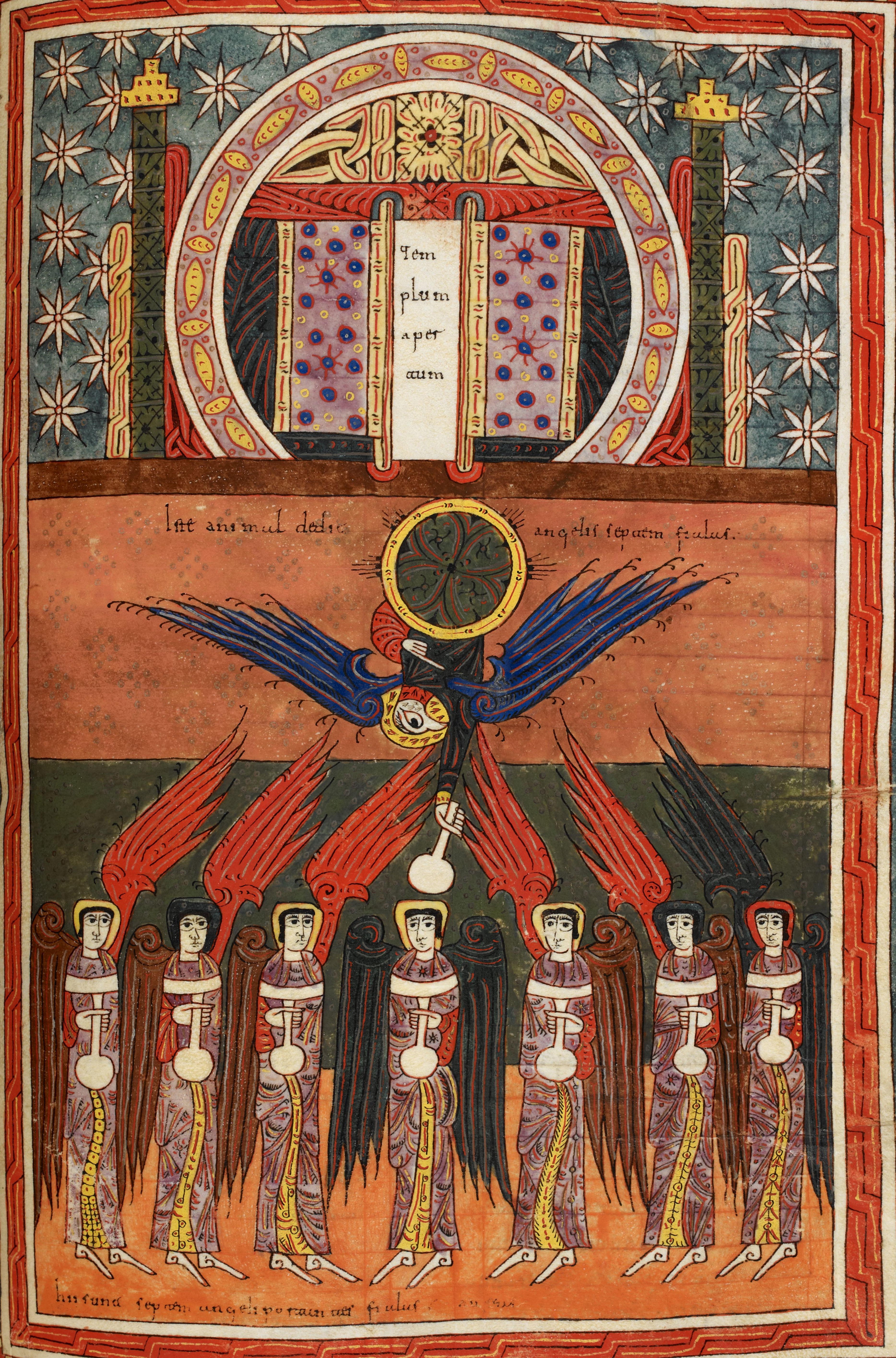 Beatus de Silos, folio 172r – L’ouverture du Temple, l’un des quatre Vivants remet sept coupes d’or remplies de la colère de Dieu aux sept anges porteurs des sept premiers fléaux (Ap 15, 5-16, 1).