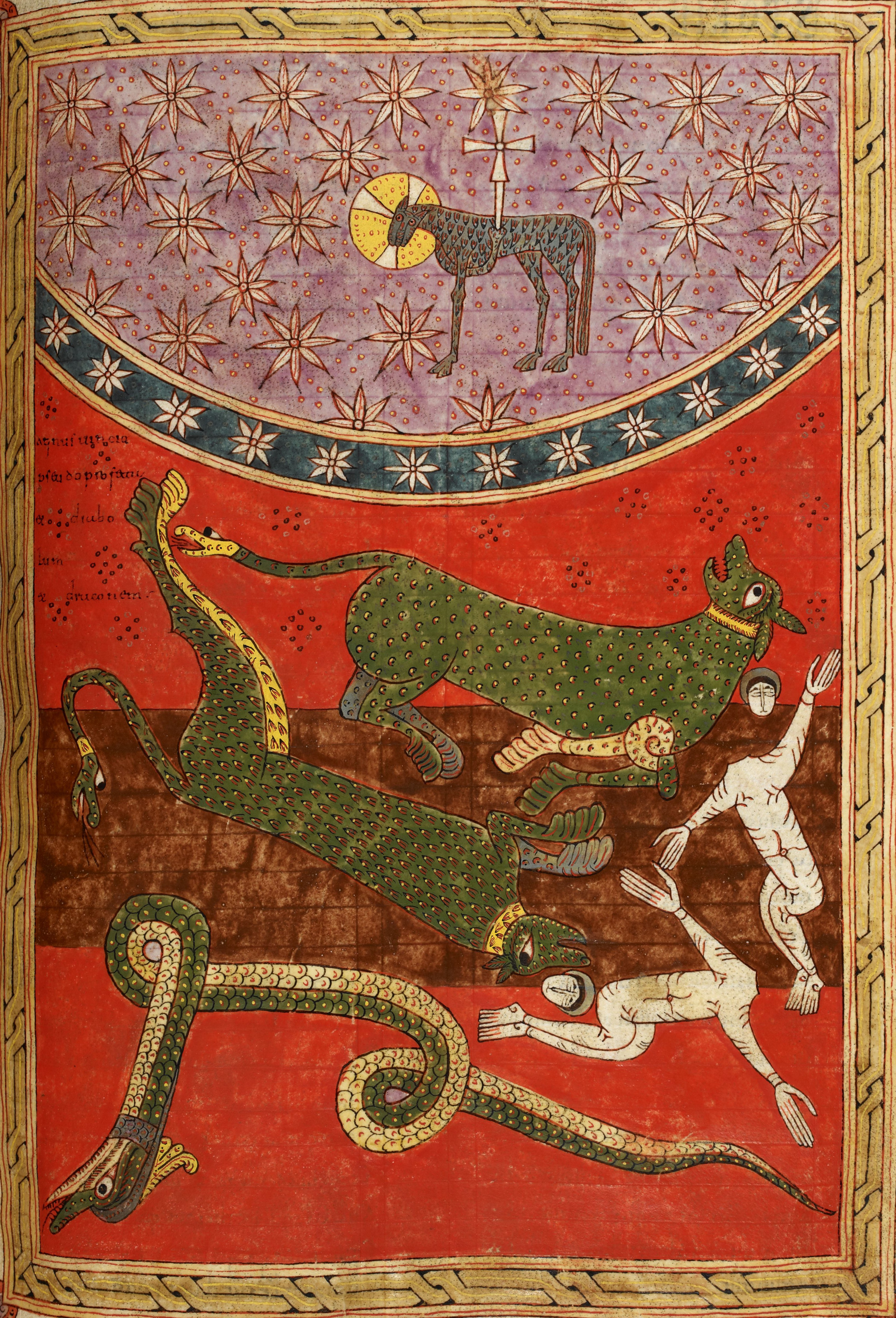 Beatus de Silos, folio 188r – L’Agneau vainqueur sur la Bête et ceux qui la suivent (Ap 17, 14).