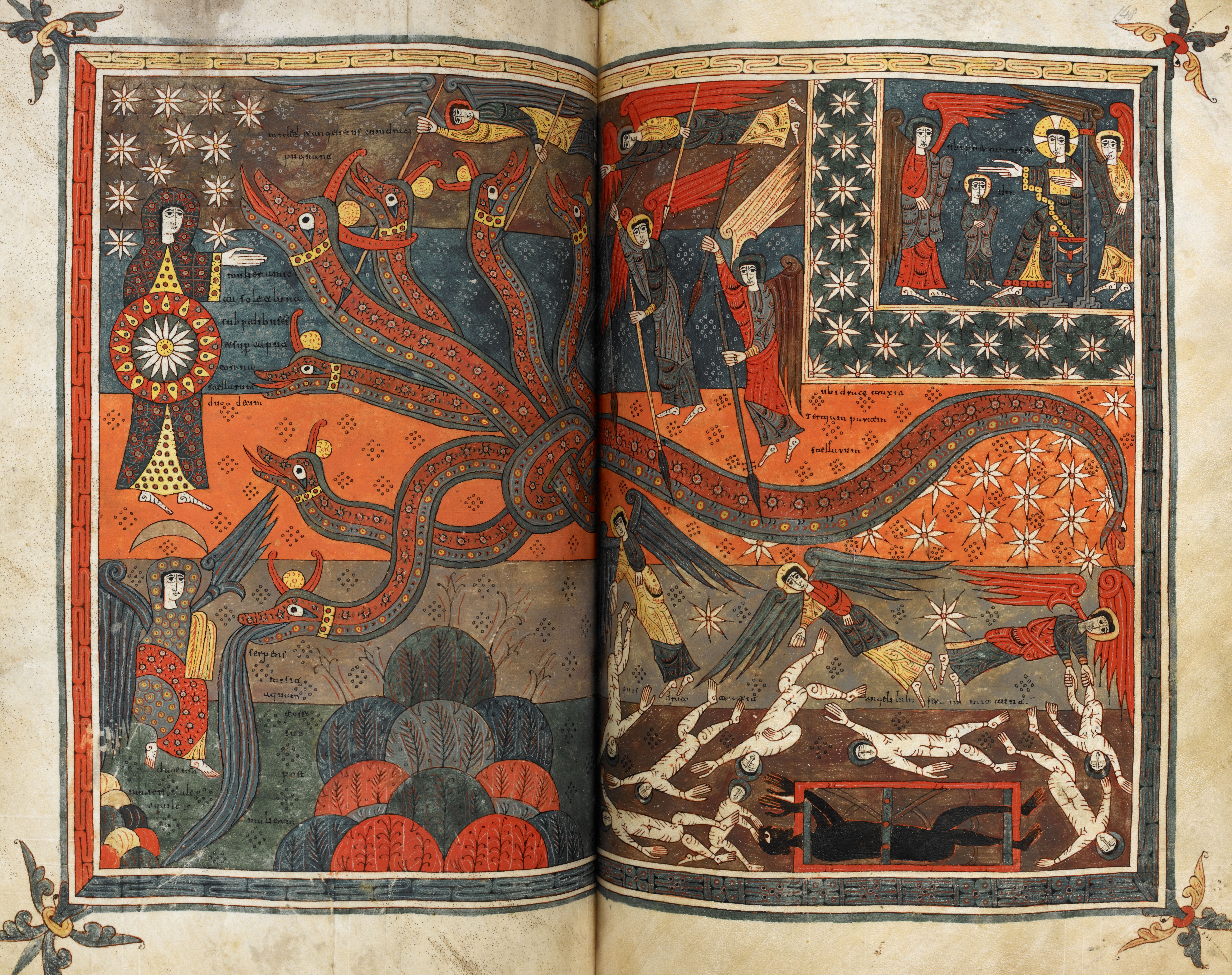 Beatus de Silos, folios 147v-148r – Le signe grandiose, la femme enceinte et le dragon aux sept têtes et dix cornes ; la bataille entre les anges dans le ciel (Ap 12, 1-9).