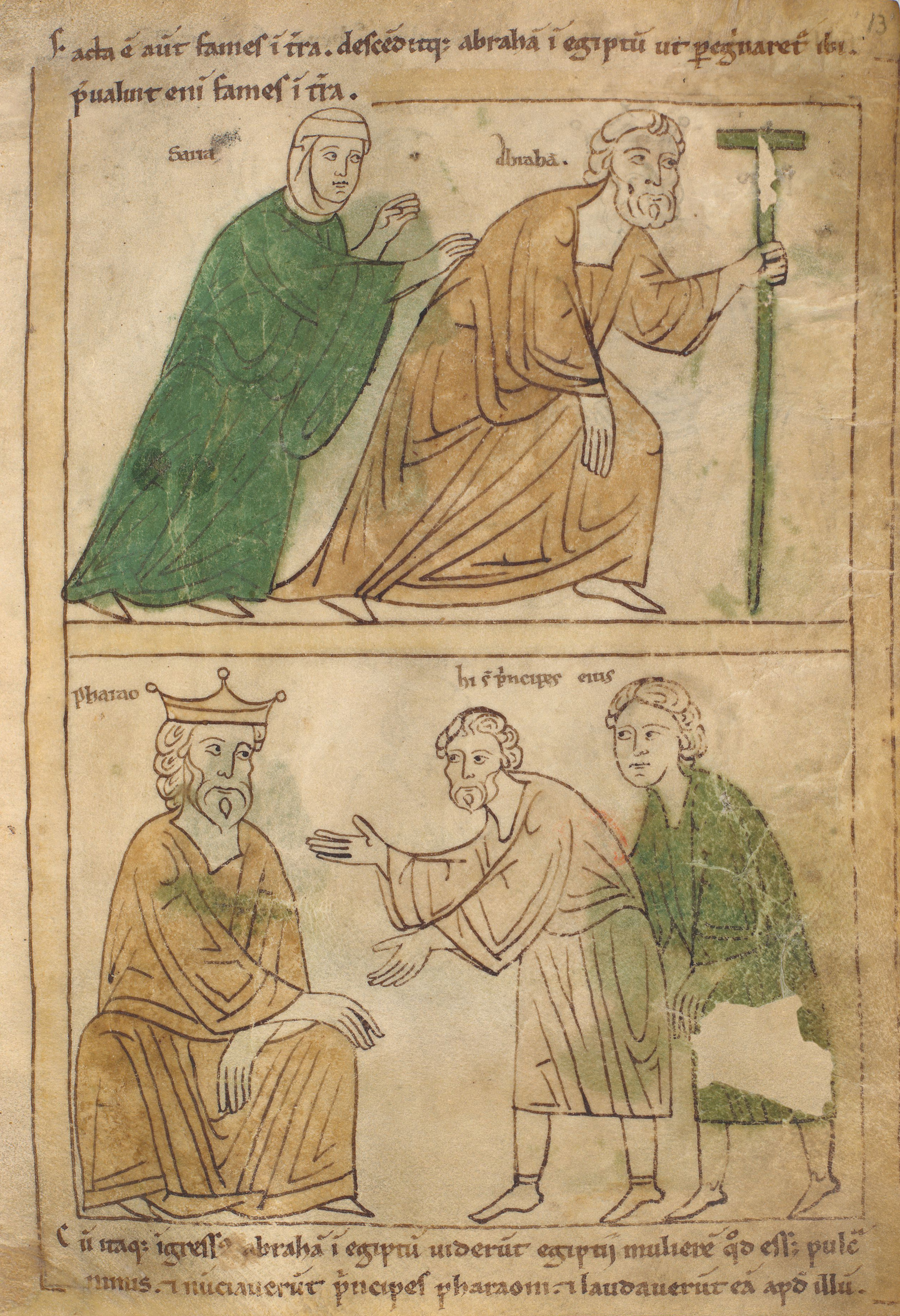 Seconde Bible de Pampelune, folio 13r – Abram et Sara descendent en Égypte pour fuir la famine (Gn 12, 10). Abram et Sara demandent l’hospitalité à Pharaon (Gn 12, 11-16).