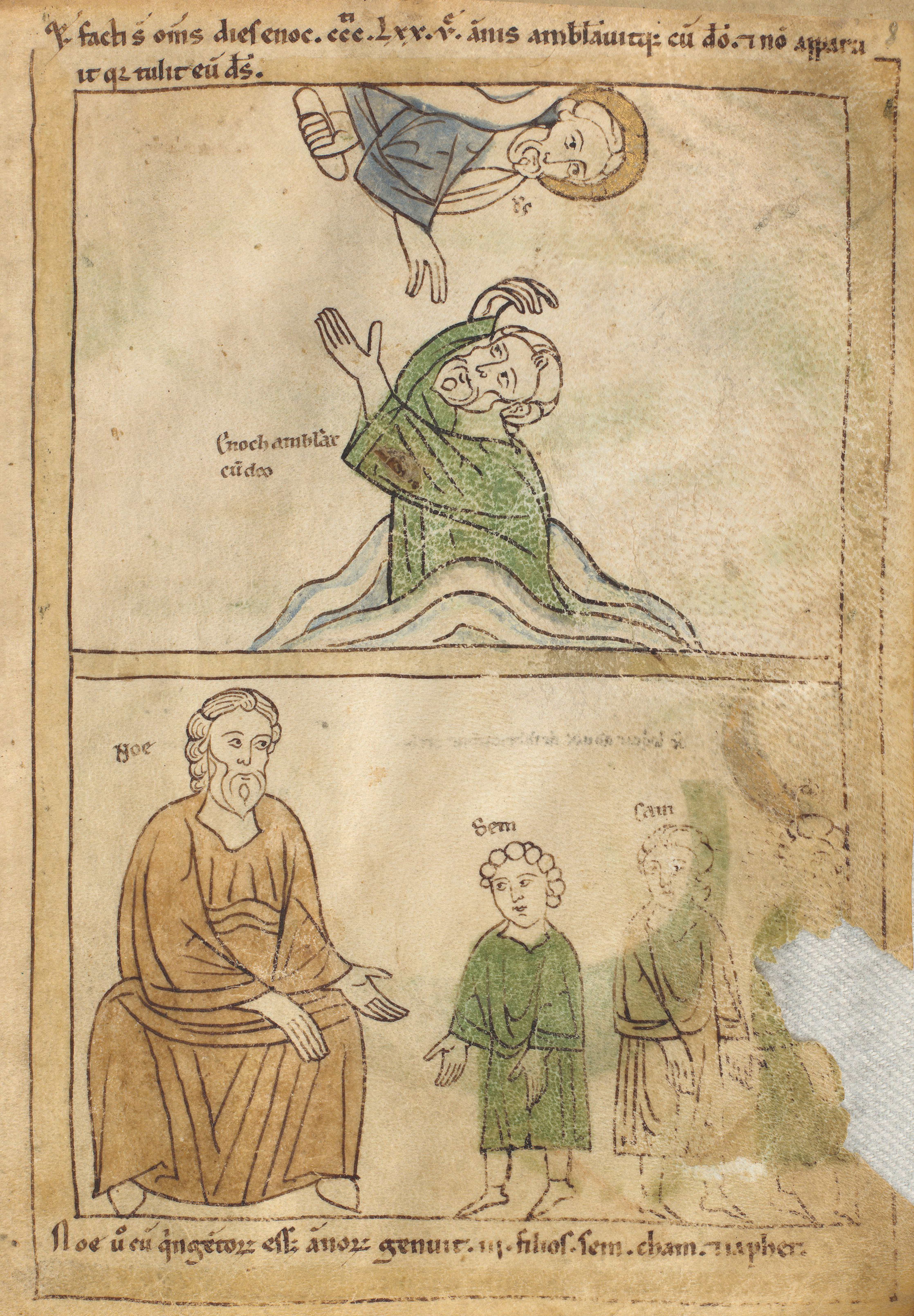 Seconde Bible de Pampelune, folio 8r – L’enlèvement d’Hénok (Gn 5, 24). La descendance de Noé : Sem, Cham et Japhet (Gn 5, 32).