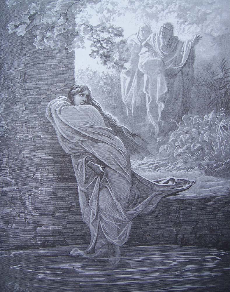 Suzanne au bain surprise par les deux vieillards (Dn 13, 7-23) – Gravure de Gustave Doré.