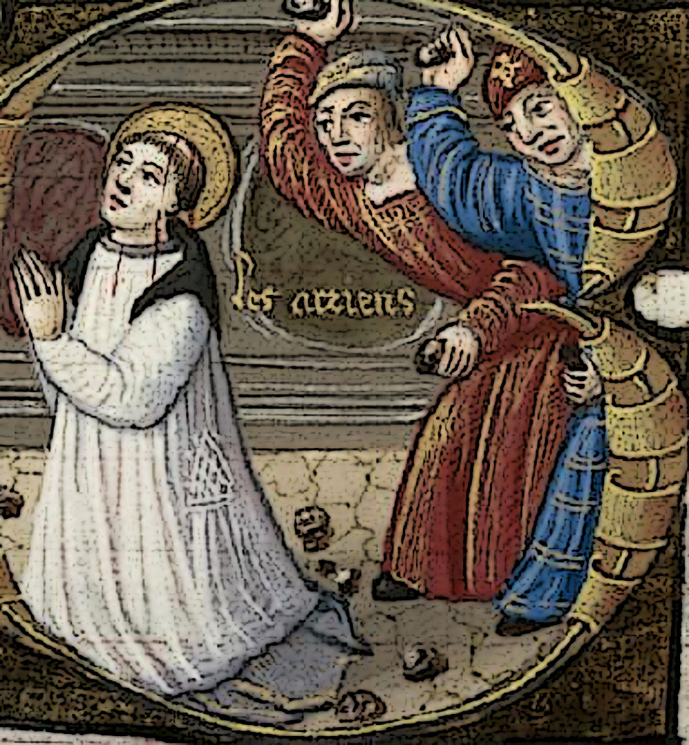 Les Ariens lapidant saint Eusèbe de Verceil – Bréviaire romain, Auvergne, XV<sup>ème</sup> siècle.