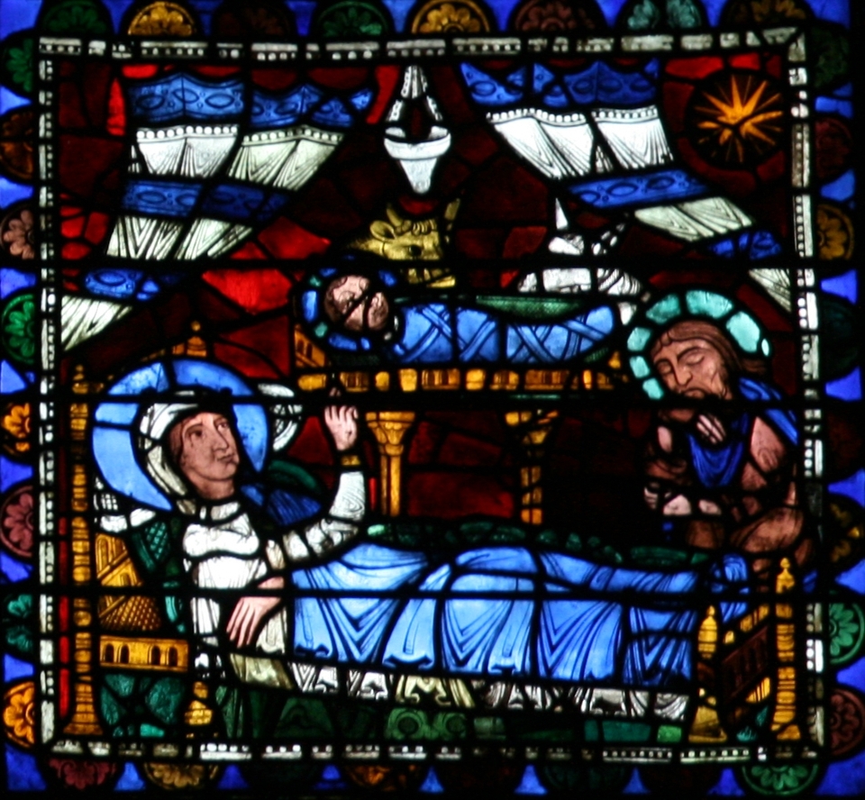 La Nativité – Vitrail médiéval, Cathédrale de Chartres.