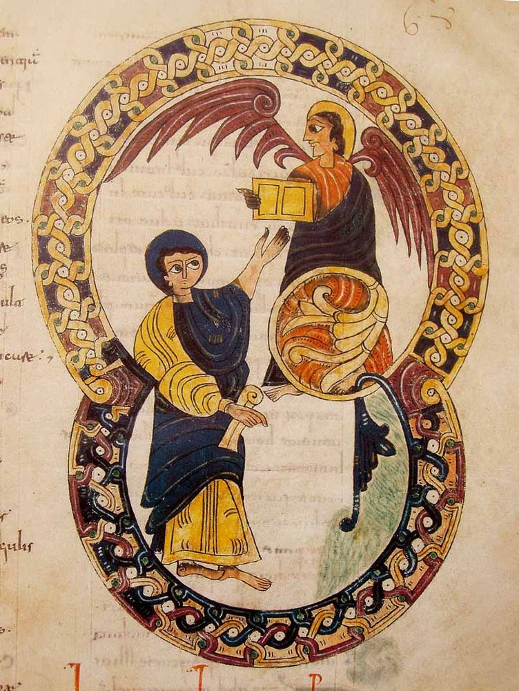Beatus de l’Escorial – Un Ange remet à Jean, le voyant de Patmos, une lettre à destination de l’une des Églises d’Asie (Ap 1-2).