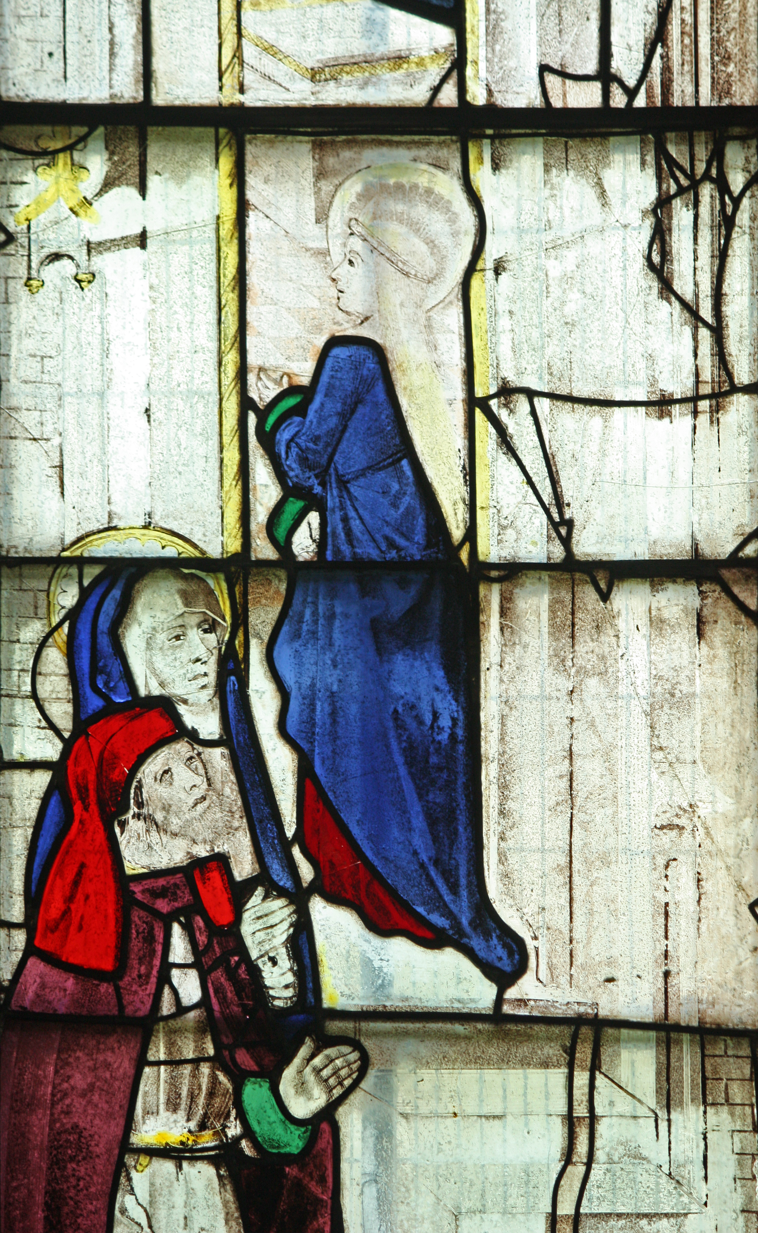 La Vierge Marie entrant dans le Temple – Vitrail médiéval, église paroissiale de Fairford, Angleterre.
