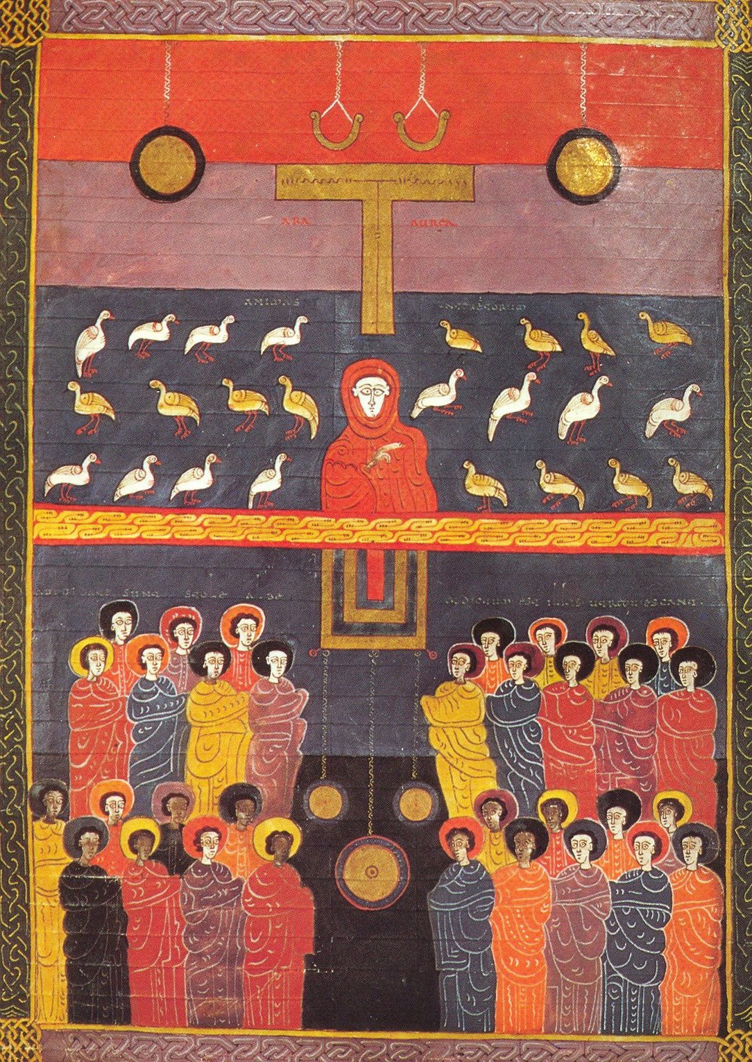 Beatus de Facundus – Les âmes des martyrs persécutés sous l’autel (L’autel en forme de Tau traduit la sensibilité mozarabe, les âmes sont stylisées sous forme d’oiseaux) (Ap 6).