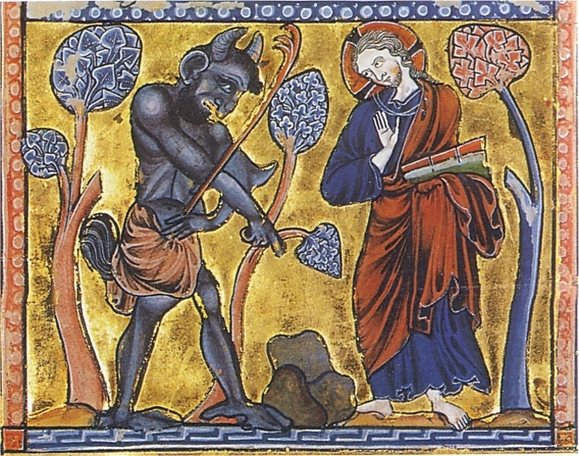La Première Tentation du Christ au désert – Psautier enluminé, vers 1222, Copenhague, Det kongelige Bibliotek.