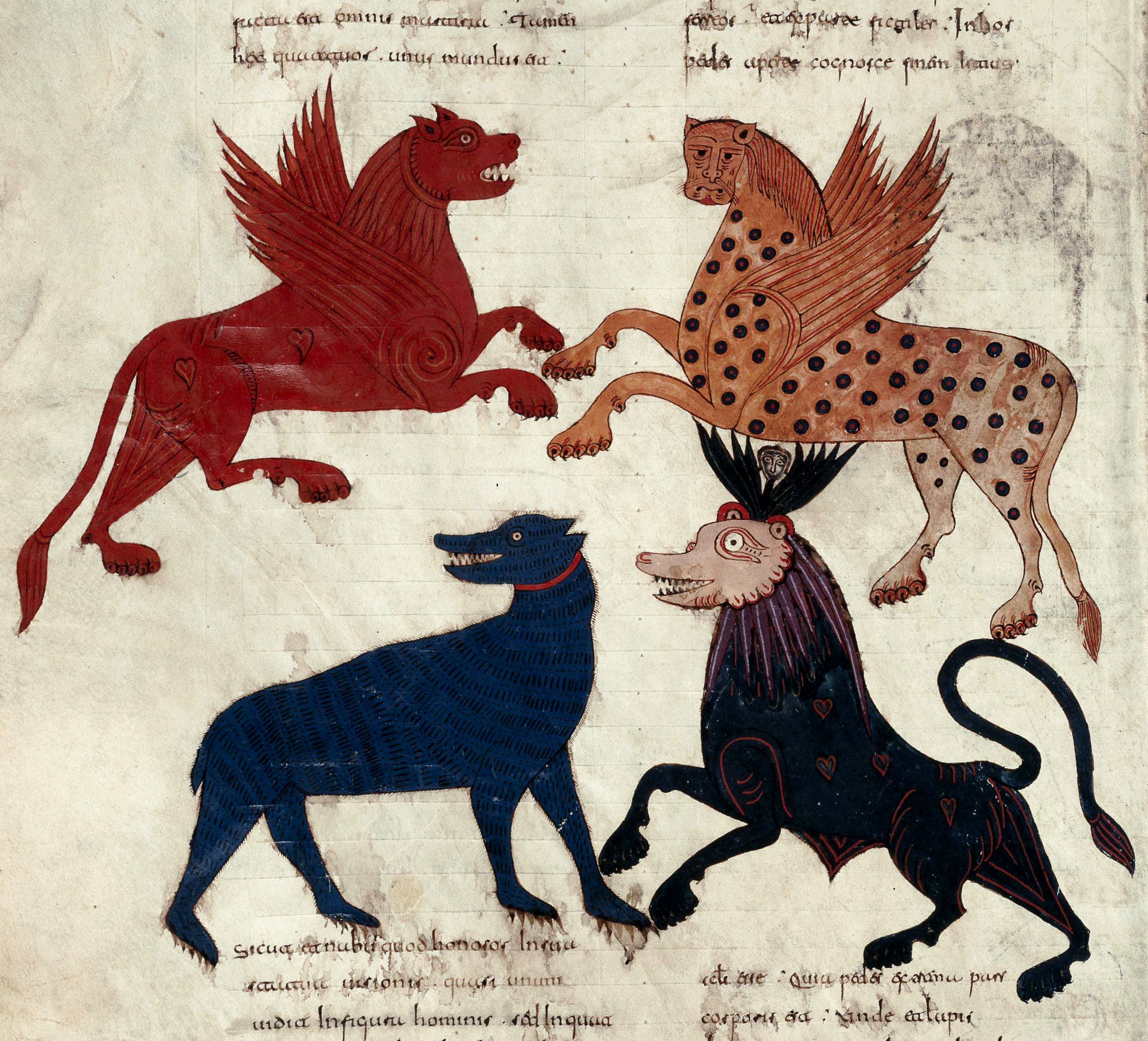 Beatus de Facundus, p. 141 – Les quatre bêtes de la vision de Daniel (Dn 7, 1-8).