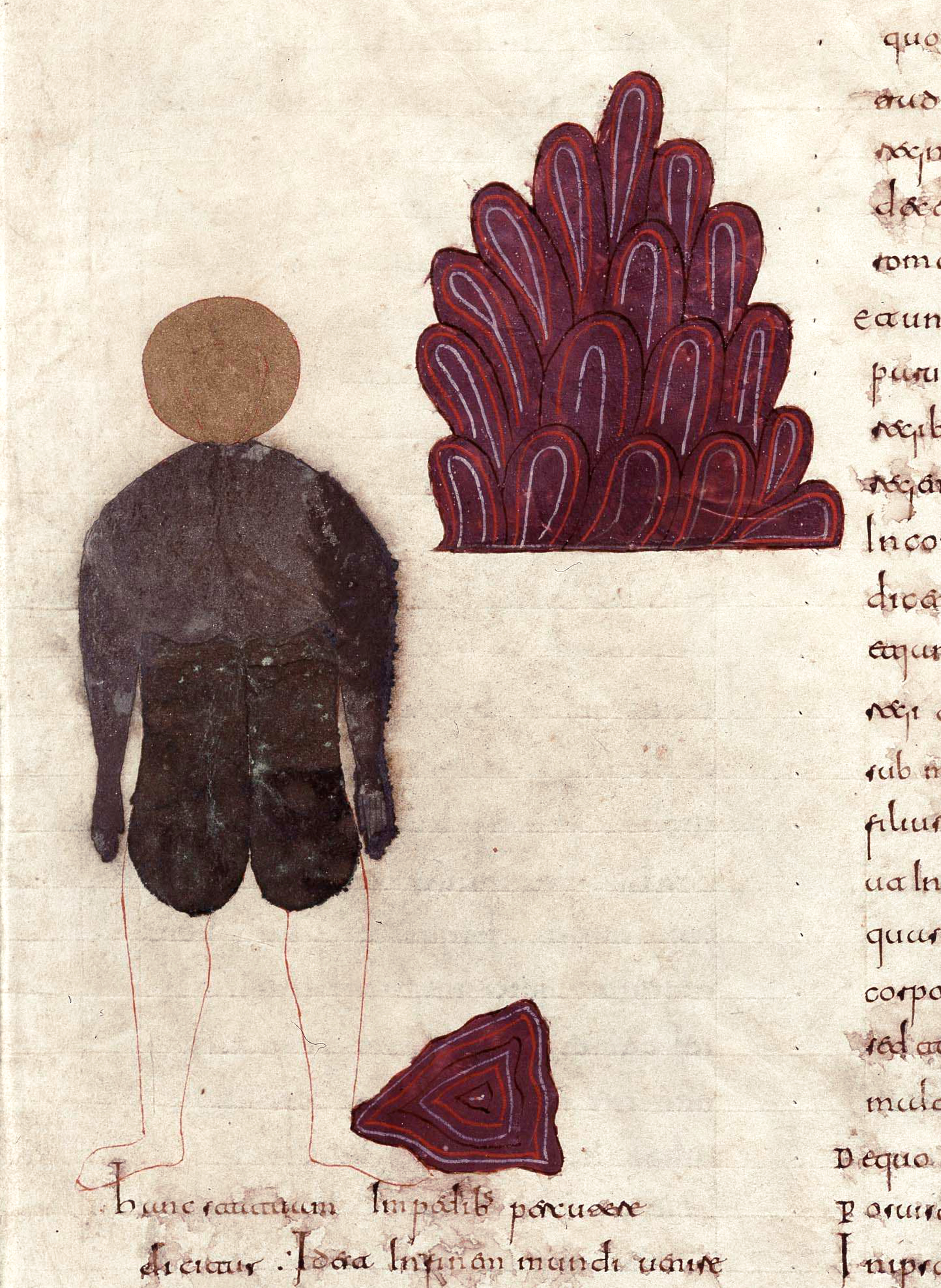 Beatus de Facundus, p. 142 – Vision du livre de Daniel, le colosse aux pieds d’argile se brise et se transforme en montagne (Dn 2,31-45).