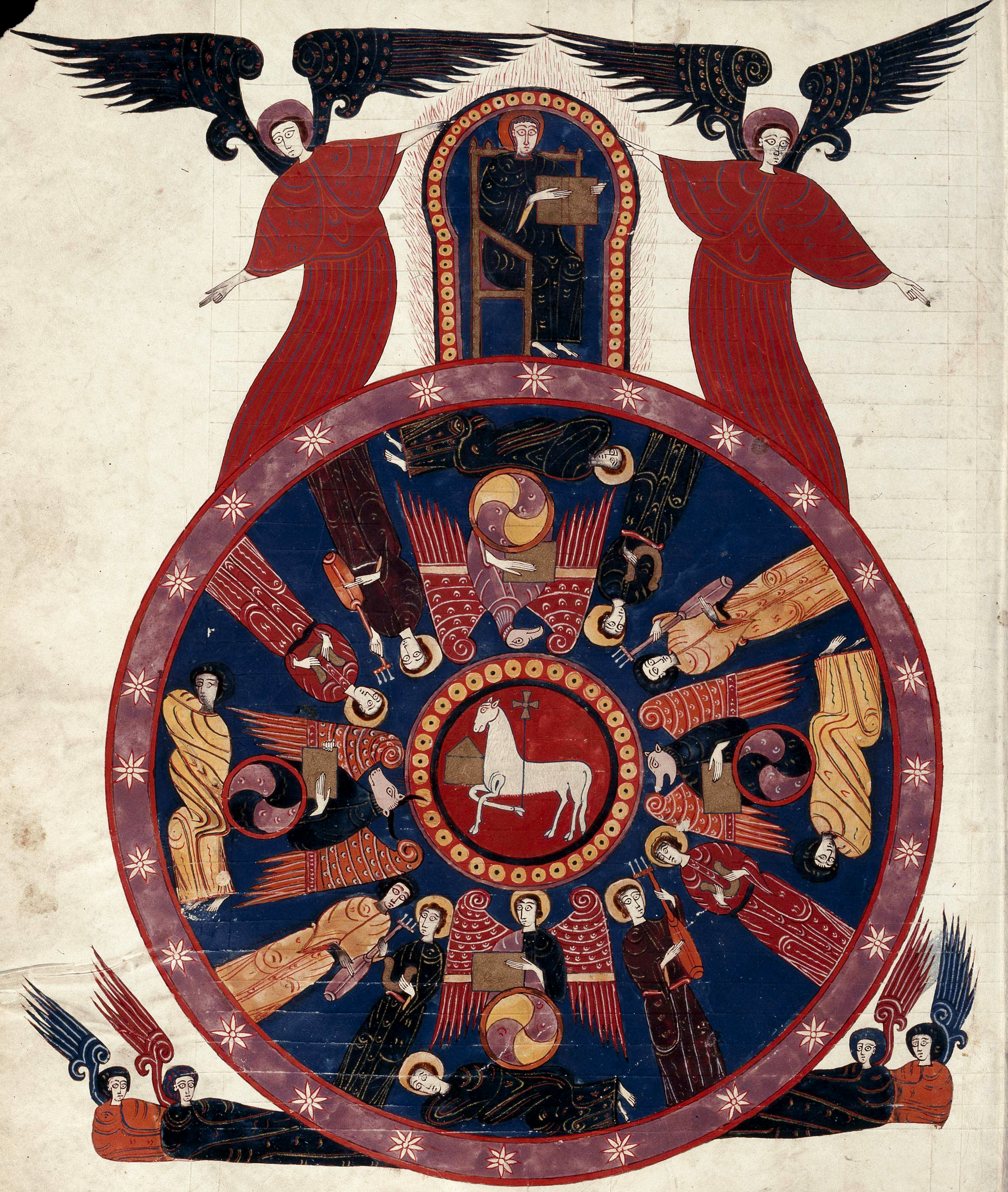 Beatus de Facundus, p. 233 – L’Agneau au centre du cercle des adorateurs de Dieu, signifiant par là-même son statut d’être divin, il est le seul à pouvoir ouvrir le livre aux sept sceaux (Ap 5).