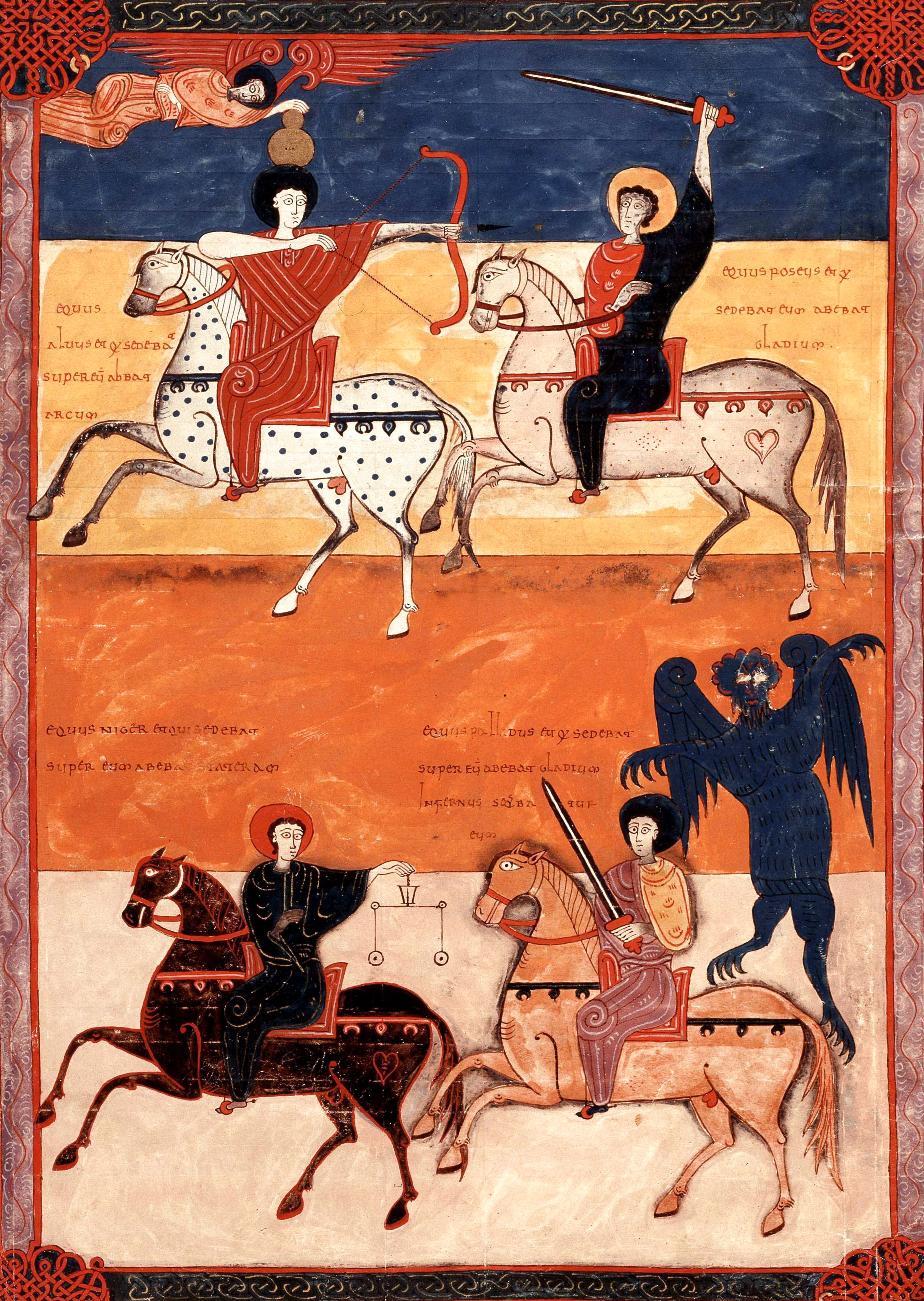 Beatus de Facundus, p. 270 – Ouverture des quatre premiers sceaux, les quatre cavaliers (Ap 6, 1-8).