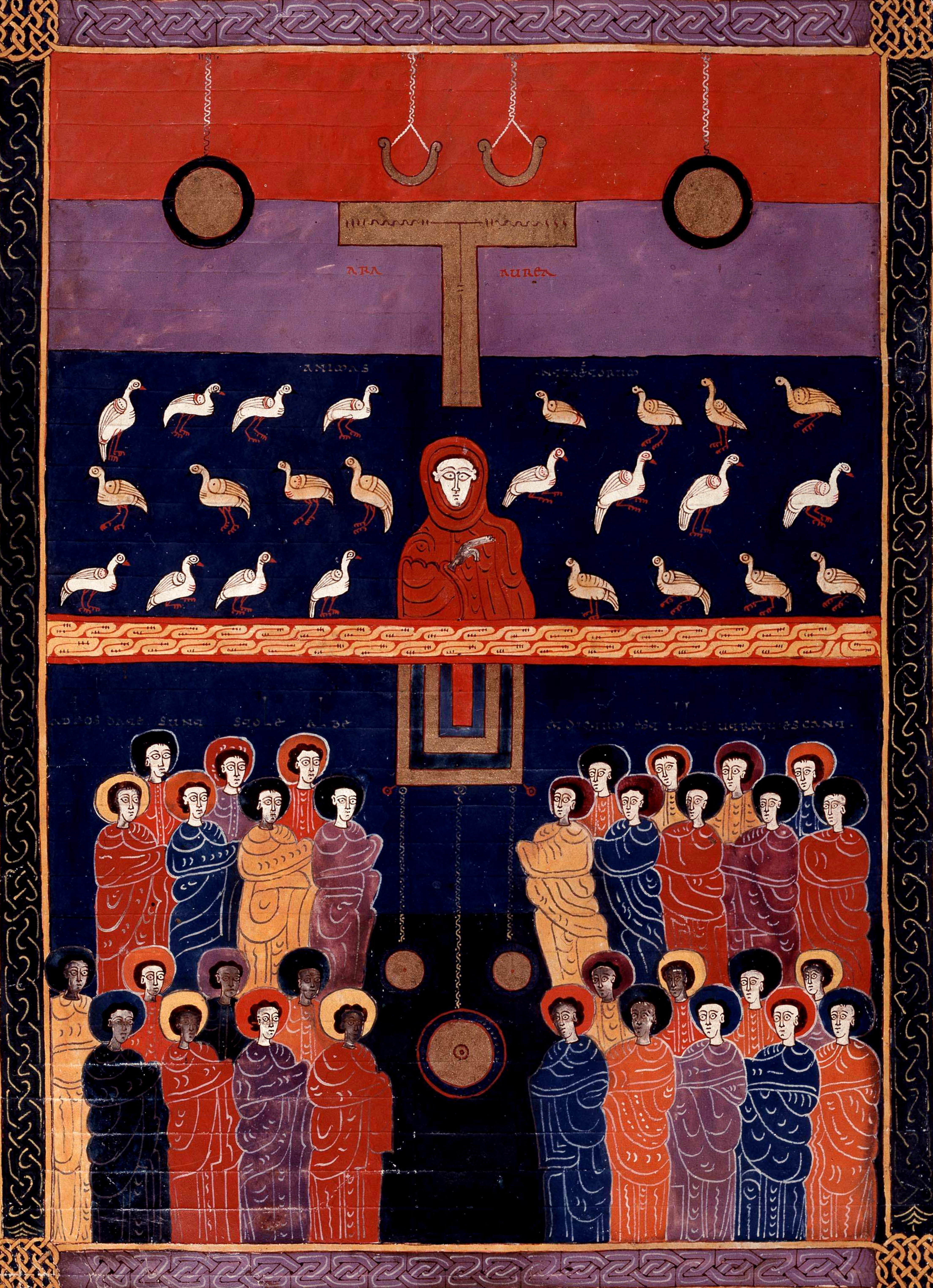 Beatus de Facundus, p. 277 – Ouverture du cinquième sceau, sous l’autel les âmes des martyrs, représentées sous forme d’oiseaux, réclament justice (Ap 6, 9-11). Conforme à la tradition mozarabe l’autel est en forme de Tau.