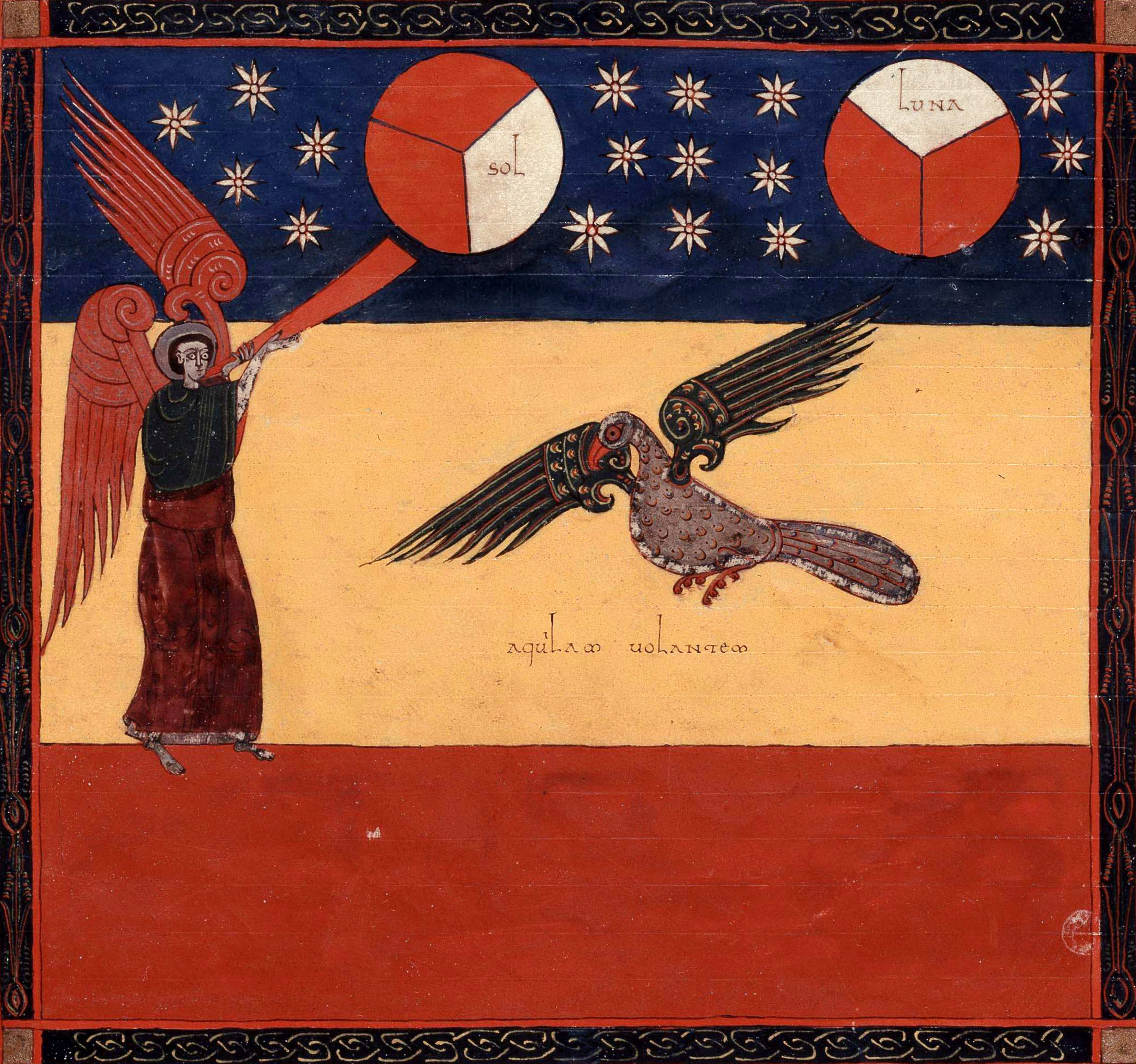 Beatus de Facundus, p. 336 – La quatrième trompette, le soleil, la lune et les étoiles sont frappés d’un tiers d’obscurité ; un aigle, volant au zénith, annonce les malheurs futurs (Ap 8, 12-13).