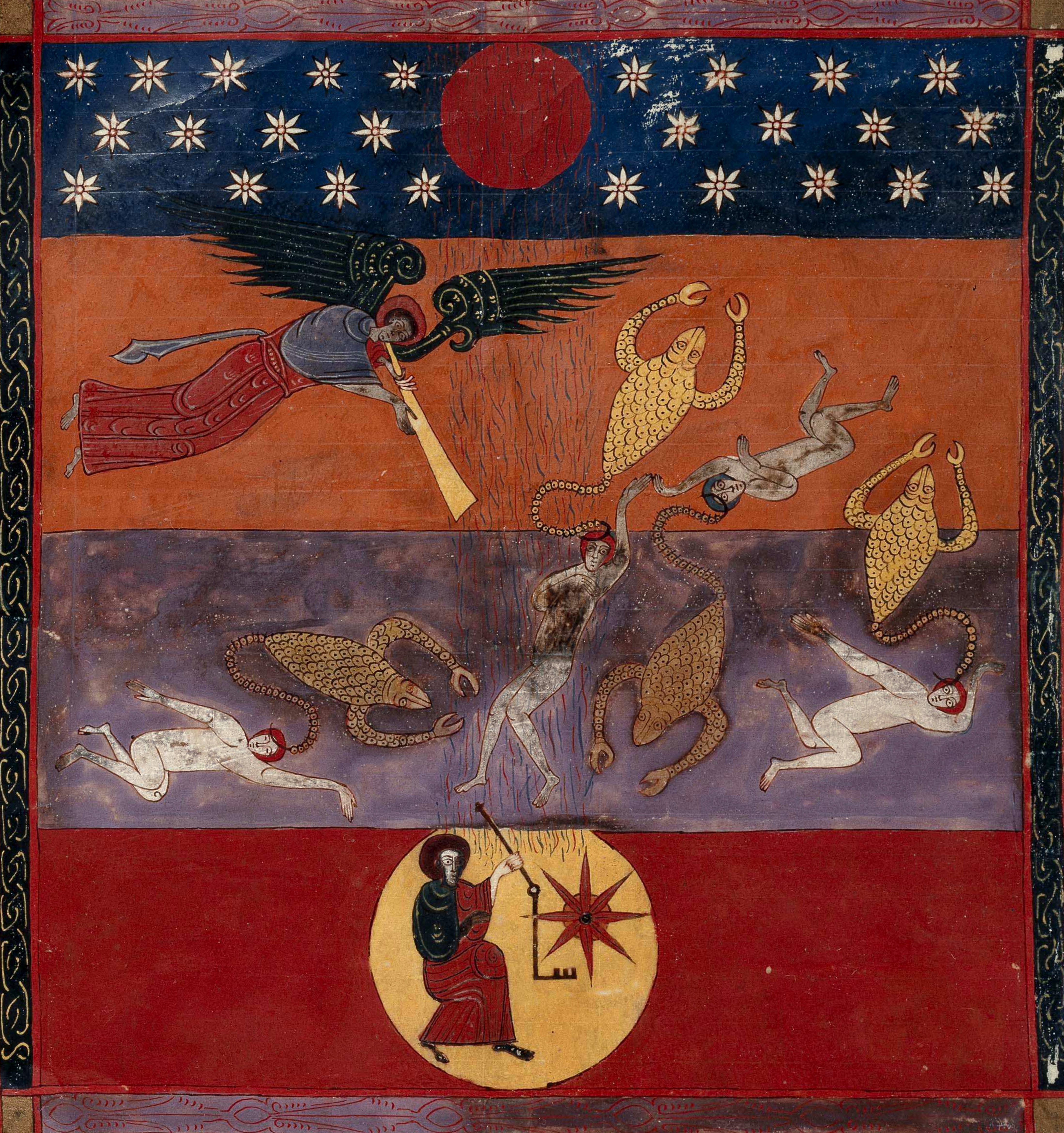 Beatus de Facundus, p. 339 – La cinquième trompette, un ange remet à un astre tombé sur la terre la clef du puits de l’abîme, les sauterelles se répandent sur la terre (Ap 9, 1-6).