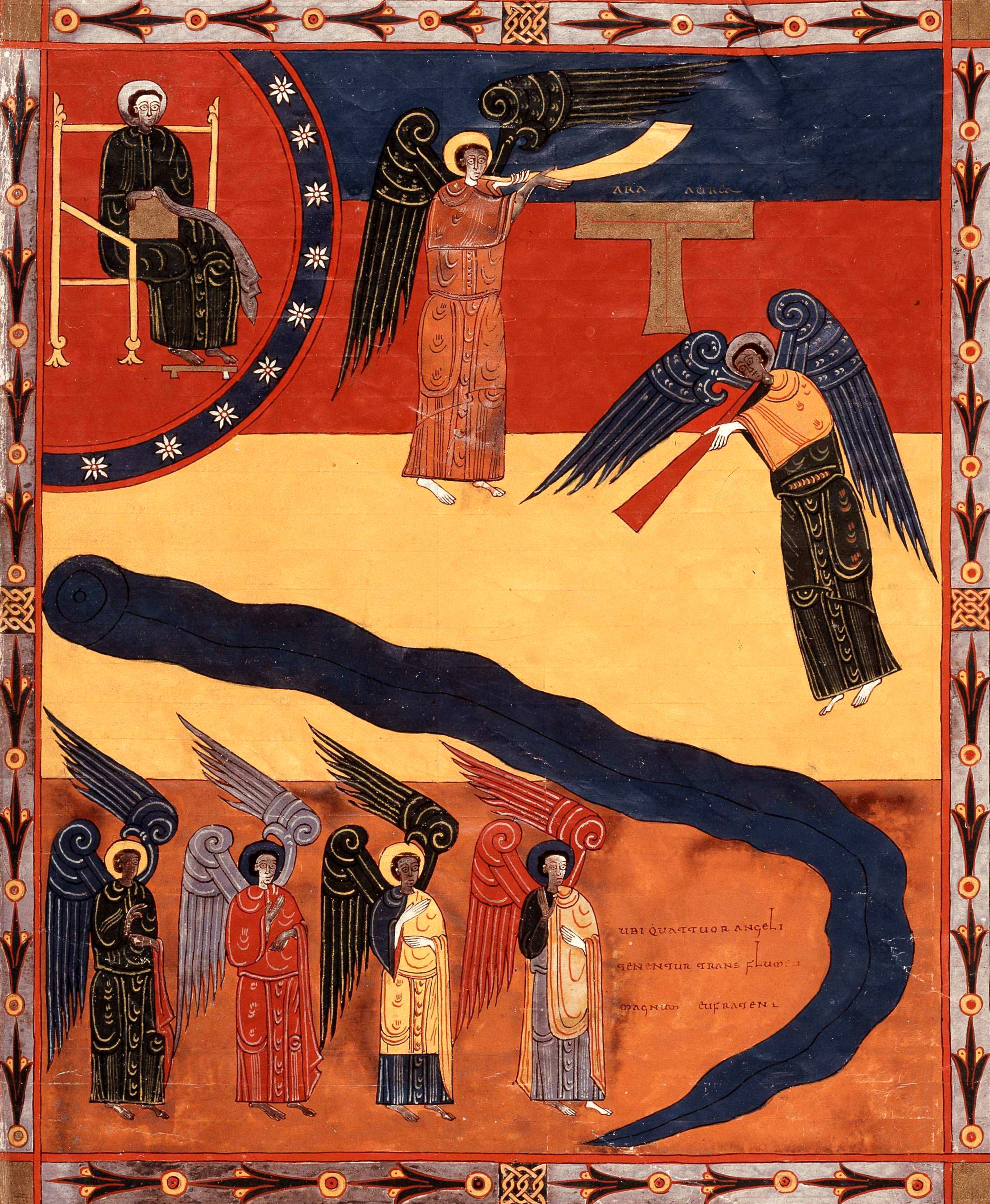 Beatus de Facundus, p. 346 – La sixième trompette, relâchement des quatre anges enchainés sur le fleuve Euphrate dans le but d’exterminer le tiers des hommes (Ap 9, 13-15).
