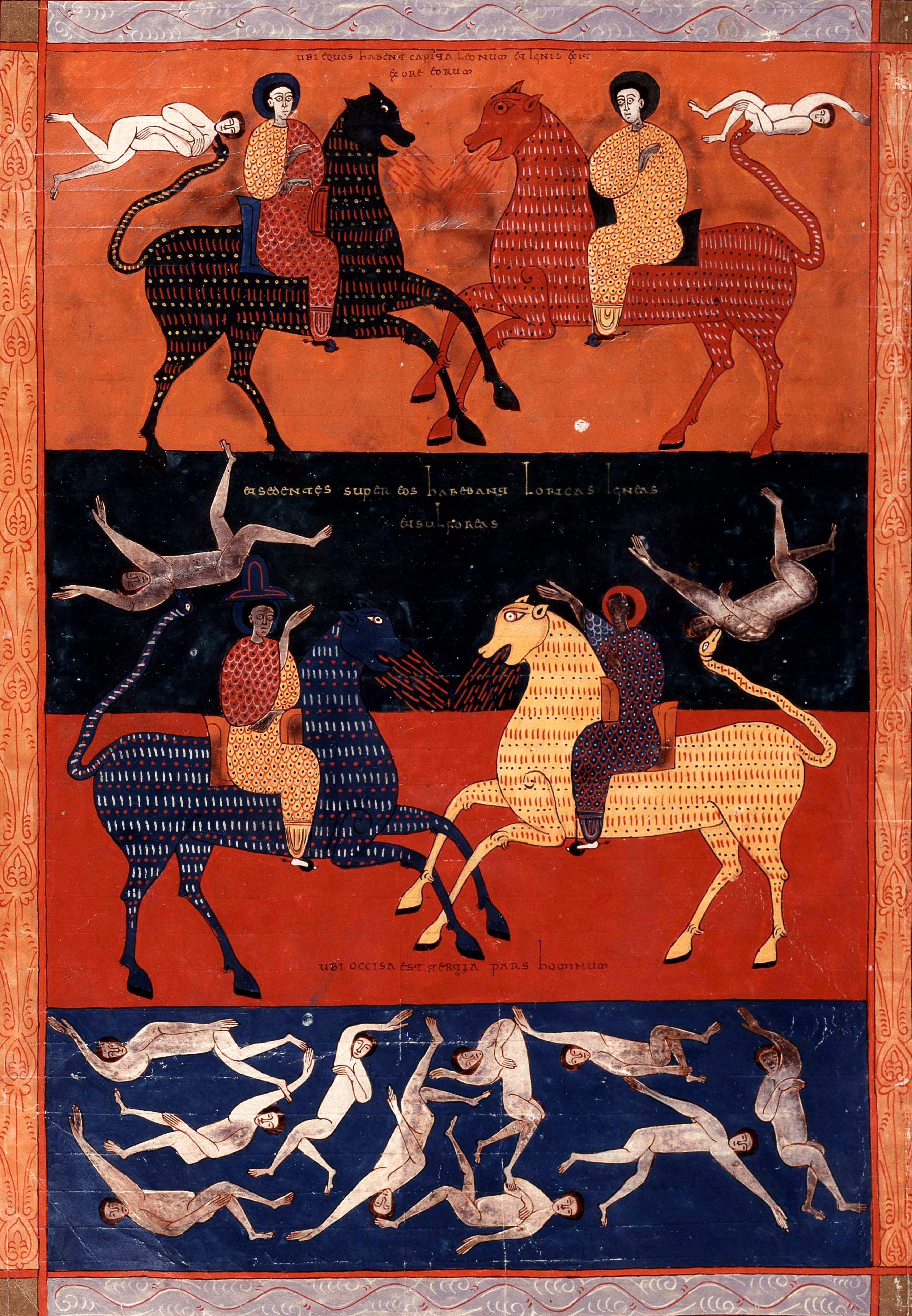 Beatus de Facundus, p. 349 – L’armée des quatre anges, leurs chevaux à tête de lion et à queue de serpent crachent du feu, de la fumée et du soufre (Ap 9, 16-19).