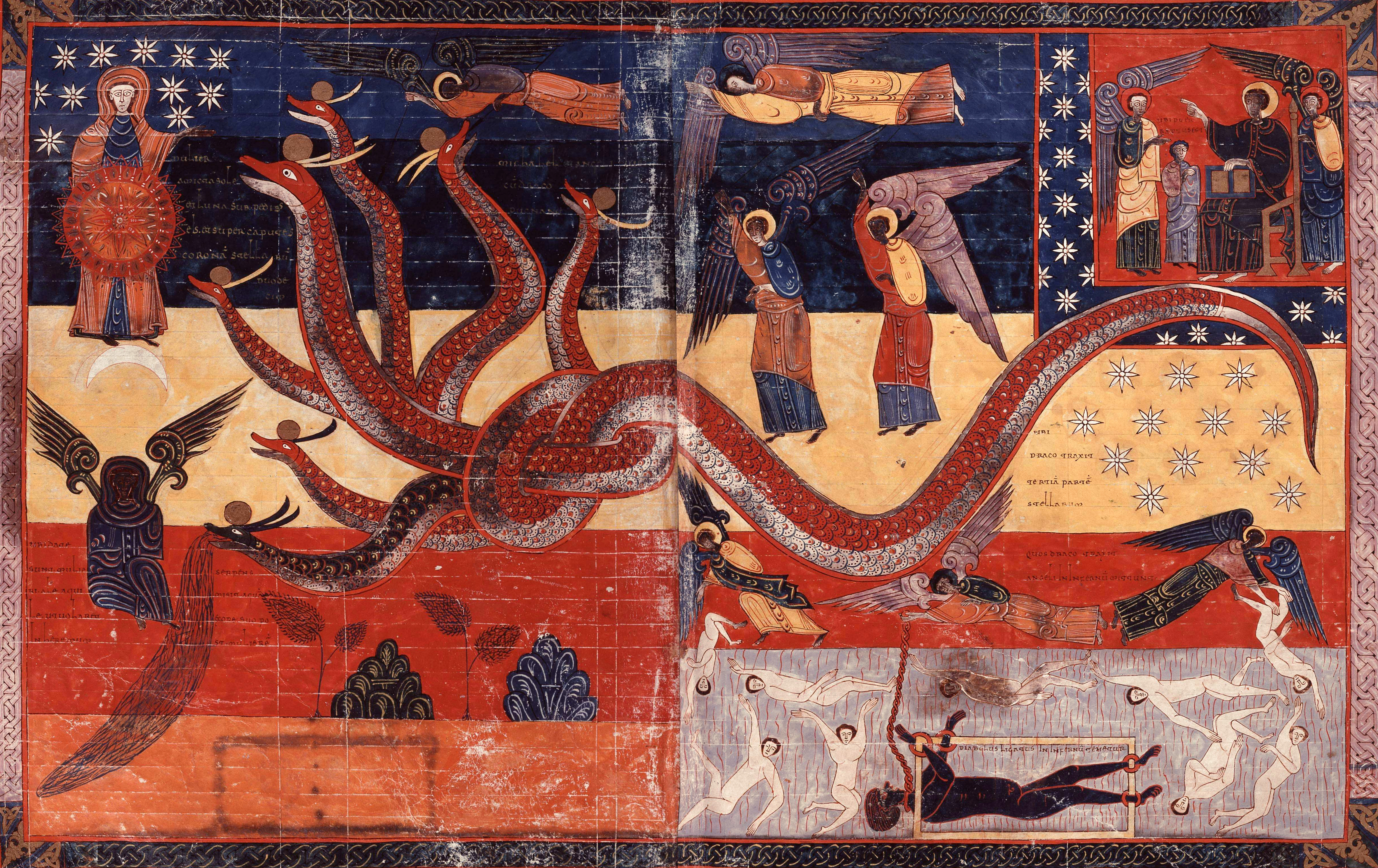 Beatus de Facundus, pp. 373-374 – Le signe grandiose, la femme enceinte et le dragon aux sept têtes et dix cornes ; la bataille entre les anges dans le ciel (Ap 12, 1-9).