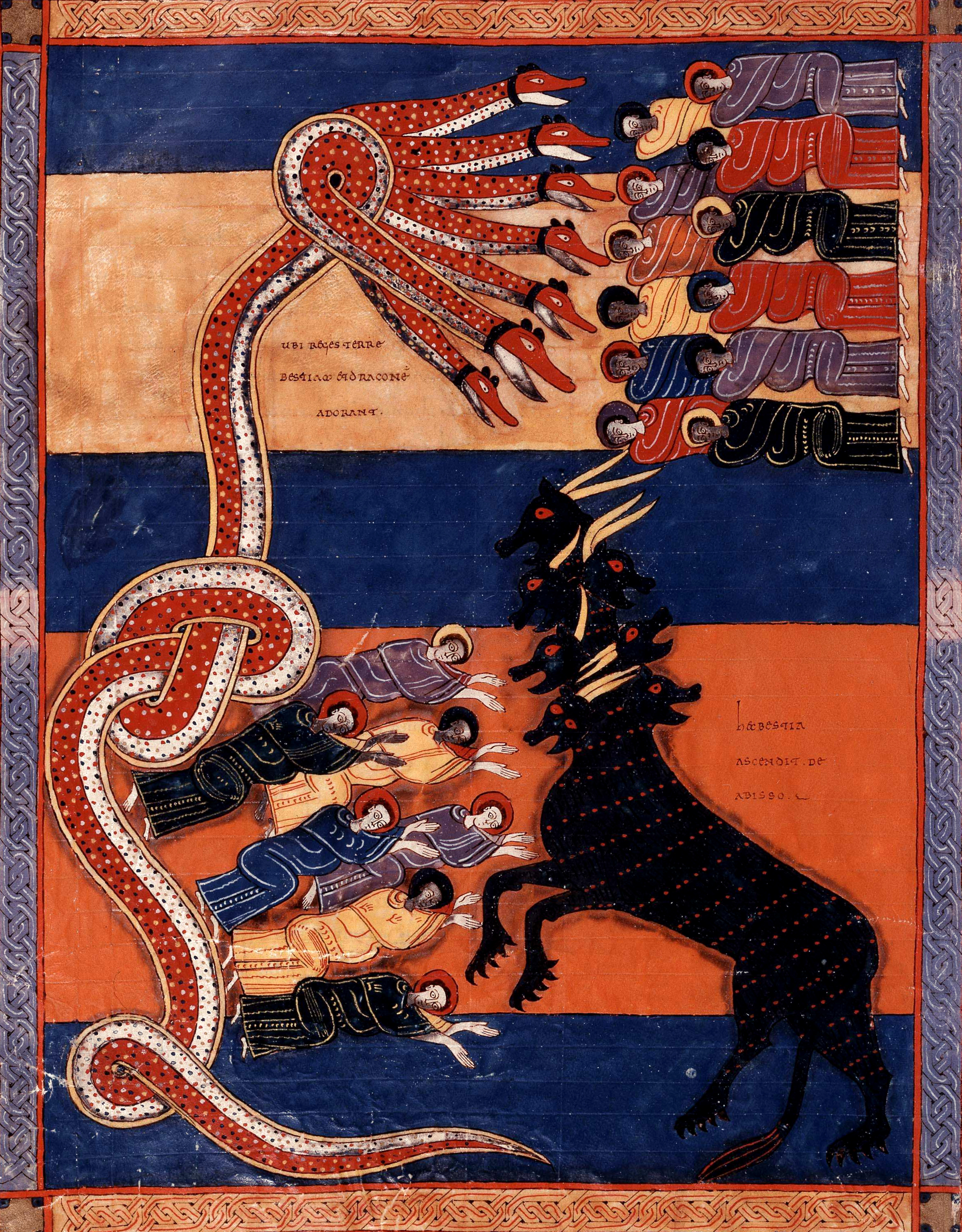 Beatus de Facundus, p. 383 – Le Dragon transmet son pouvoir à la Bête de la mer, les deux monstres sont adorés par les habitants de la terre dont les noms ne sont pas inscrits dans le livre de Vie (Ap 13, 1-10).