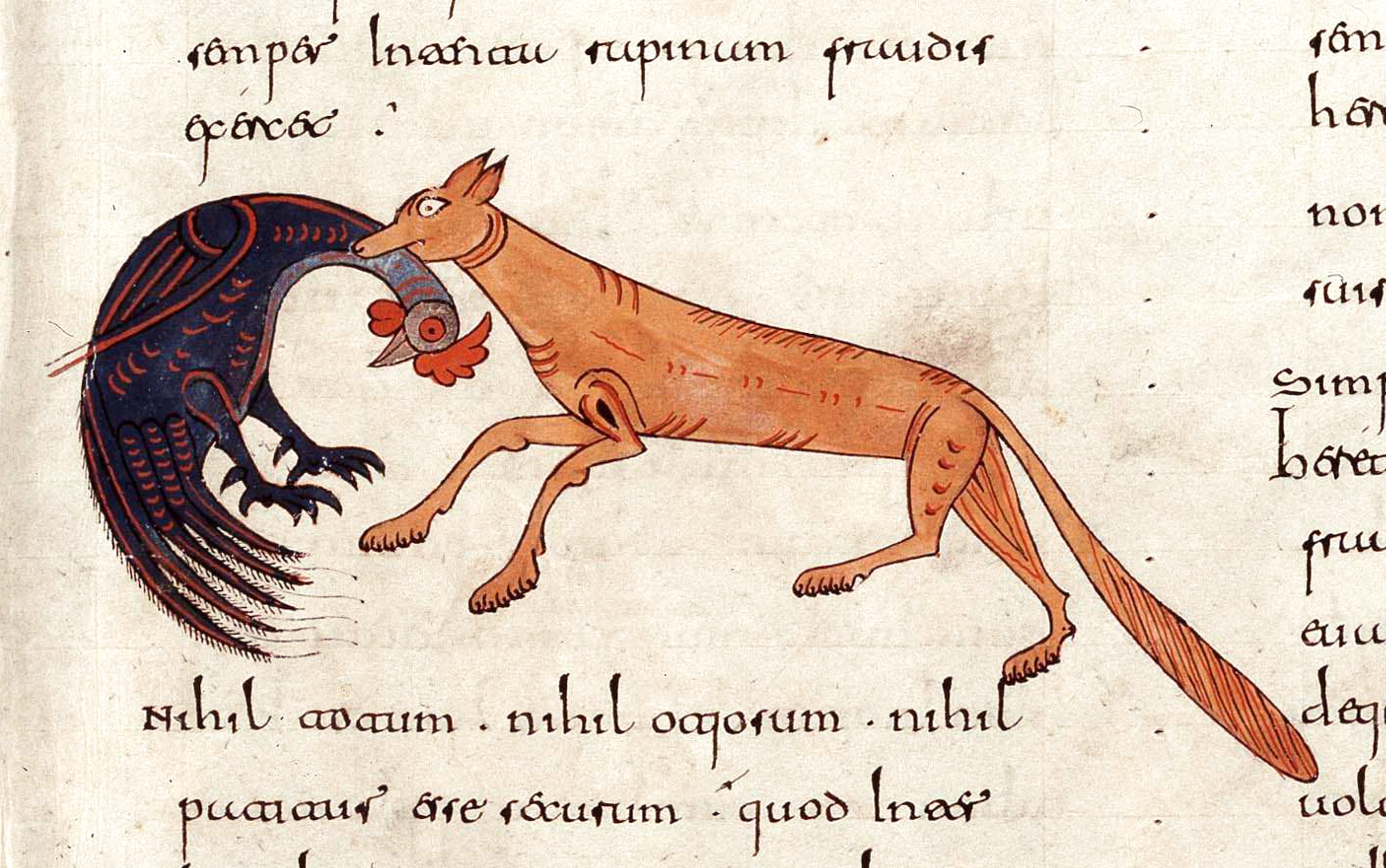 Beatus de Facundus, p. 394 – Scène de chasse, renard attrapant un coq.
