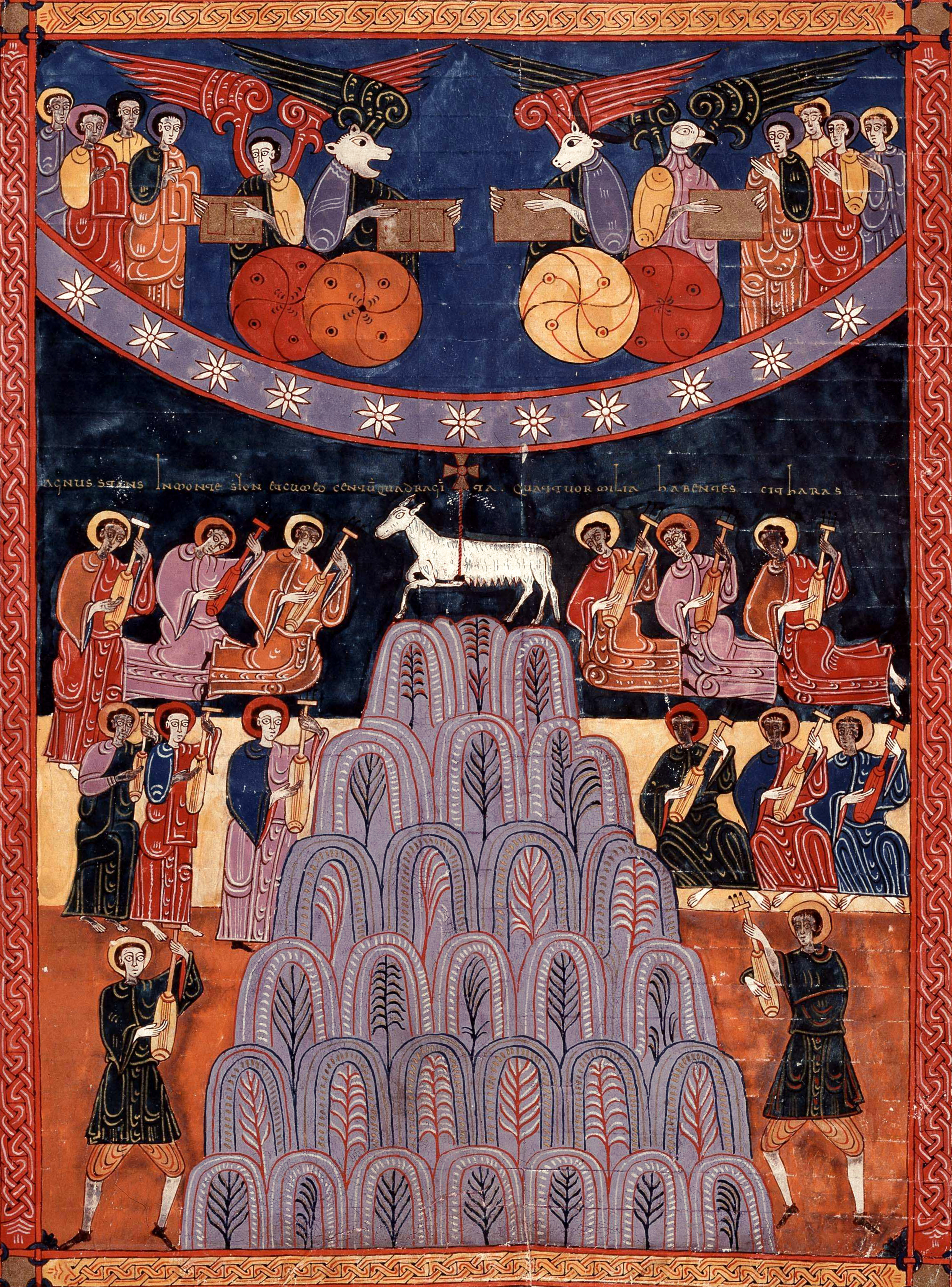 Beatus de Facundus, p. 410 – L’Agneau de Dieu sur le mont Sion, loué par les 144 000 devant les 4 Vivants et les 24 vieillards (Ap 14, 1-5).