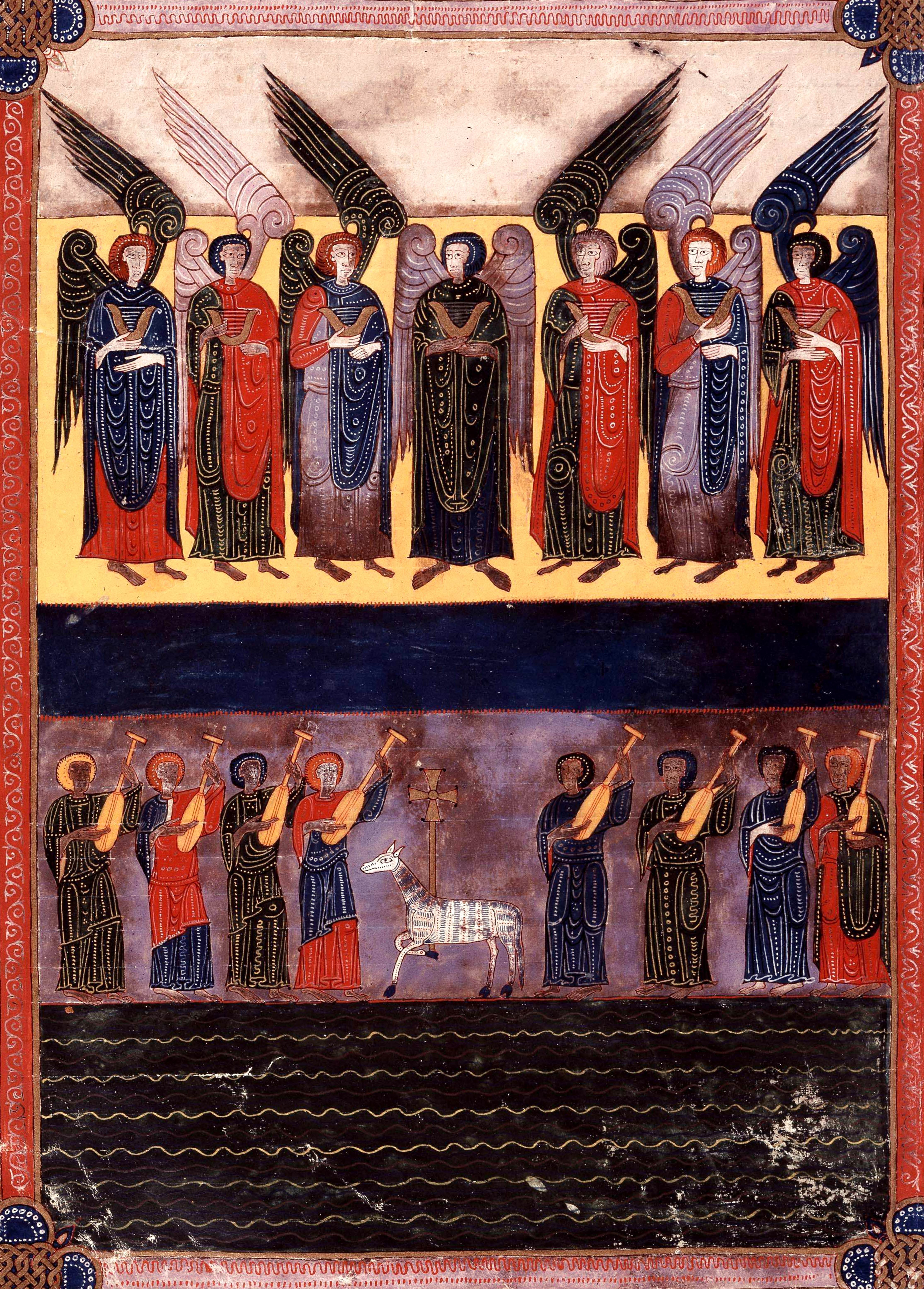 Beatus de Facundus, p. 423 – Les sept anges portant les sept fléaux, la mer de cristal. Ceux qui ont triomphé de la Bête louent l’Agneau accompagnés de la harpe (Ap 15, 1-4).