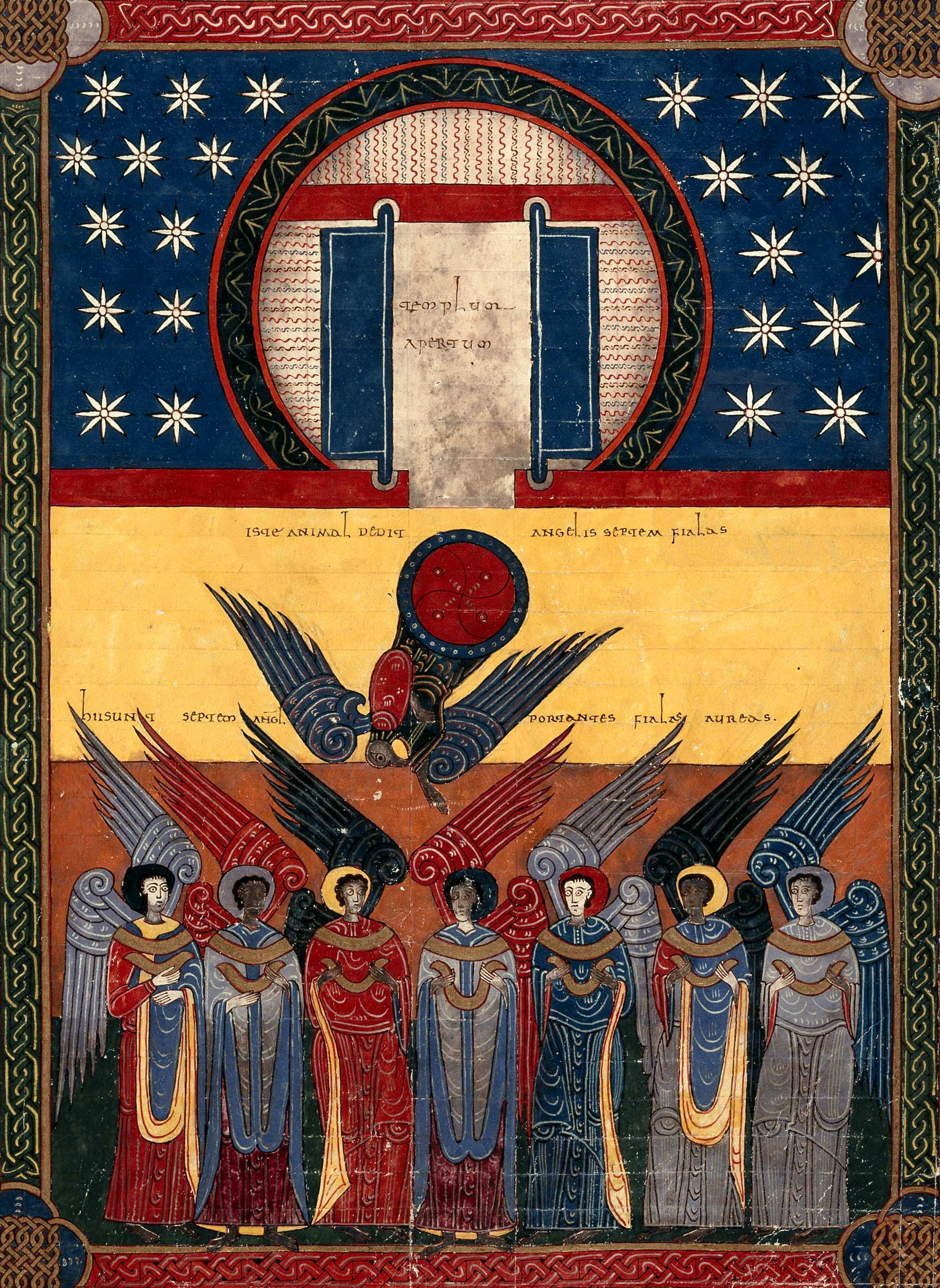 Beatus de Facundus, p. 426 – L’ouverture du Temple, l’un des quatre Vivants remet sept coupes d’or remplies de la colère de Dieu aux sept anges porteurs des sept premiers fléaux (Ap 15, 5-16, 1).