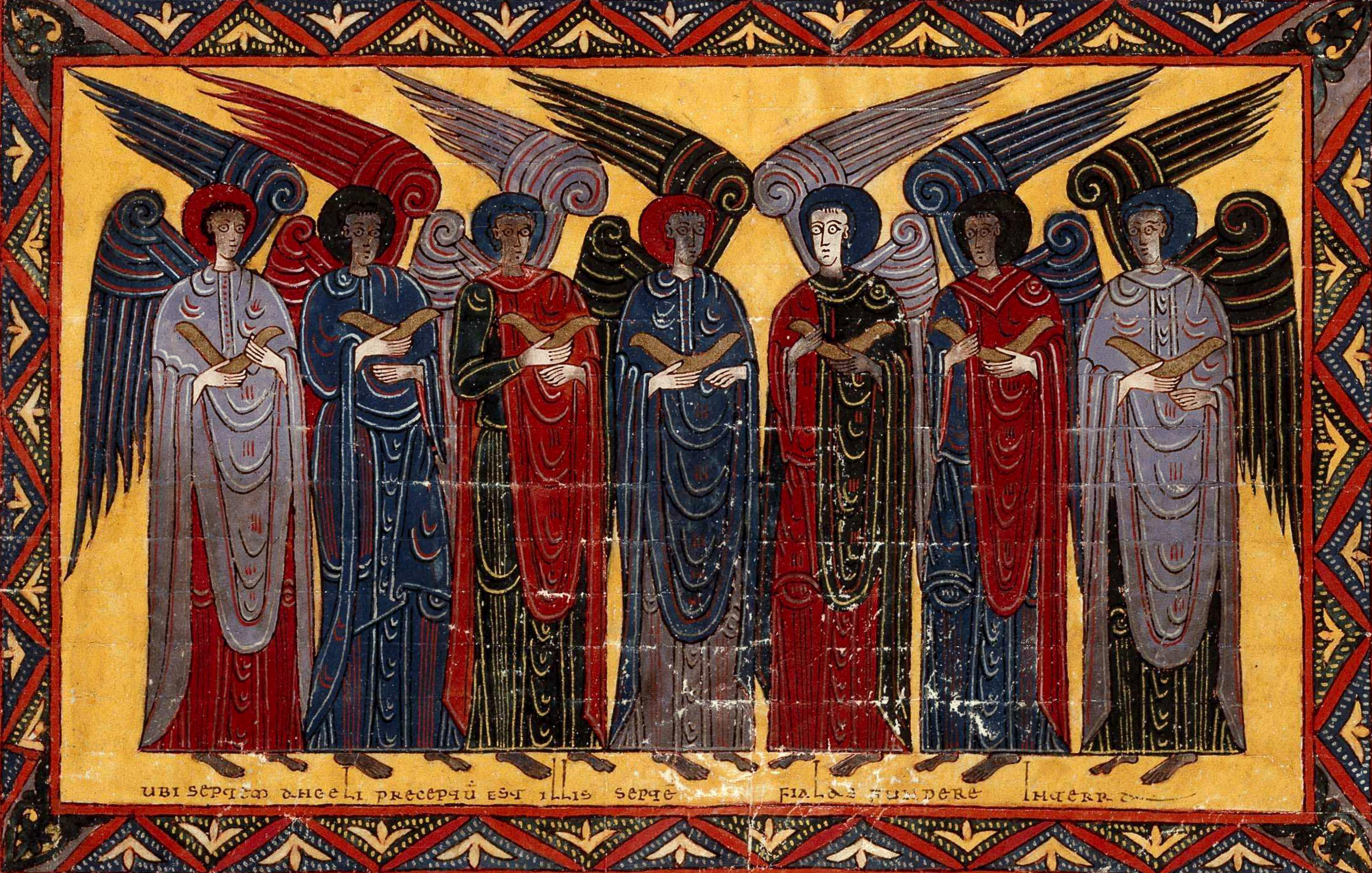 Beatus de Facundus, p. 428 – Les sept anges aux sept fléaux vétus de lin et porteurs des sept coupes d’or remplies de la colère de Dieu (Ap 15, 6-16, 1).