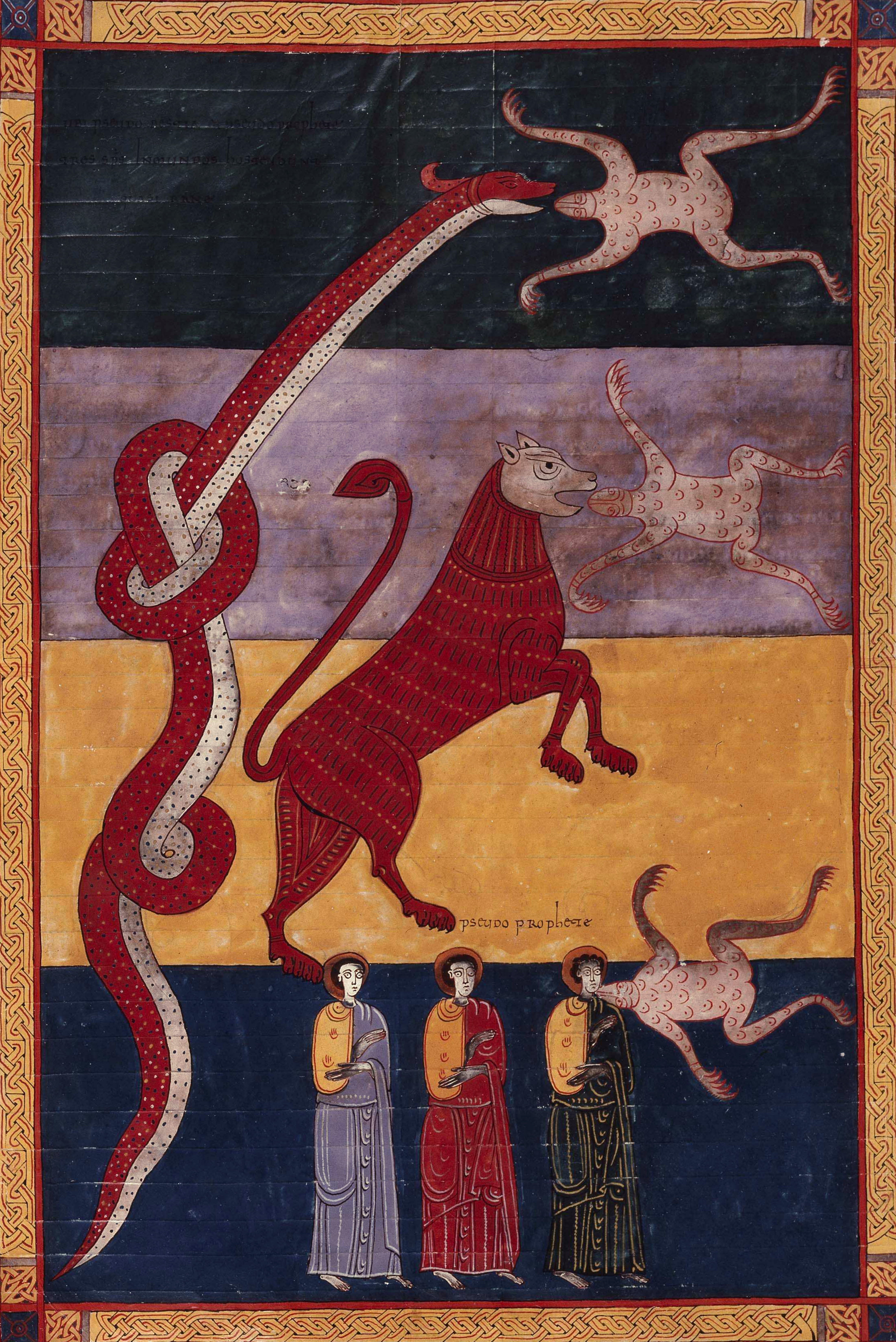 Beatus de Facundus, p. 441 – Trois esprits impurs sortent de la gueule du Dragon, de la Bête et du faux prophète, leur mission est de rassembler les rois du monde entier pour une guerre contre Dieu (Ap 16, 13-14.16).