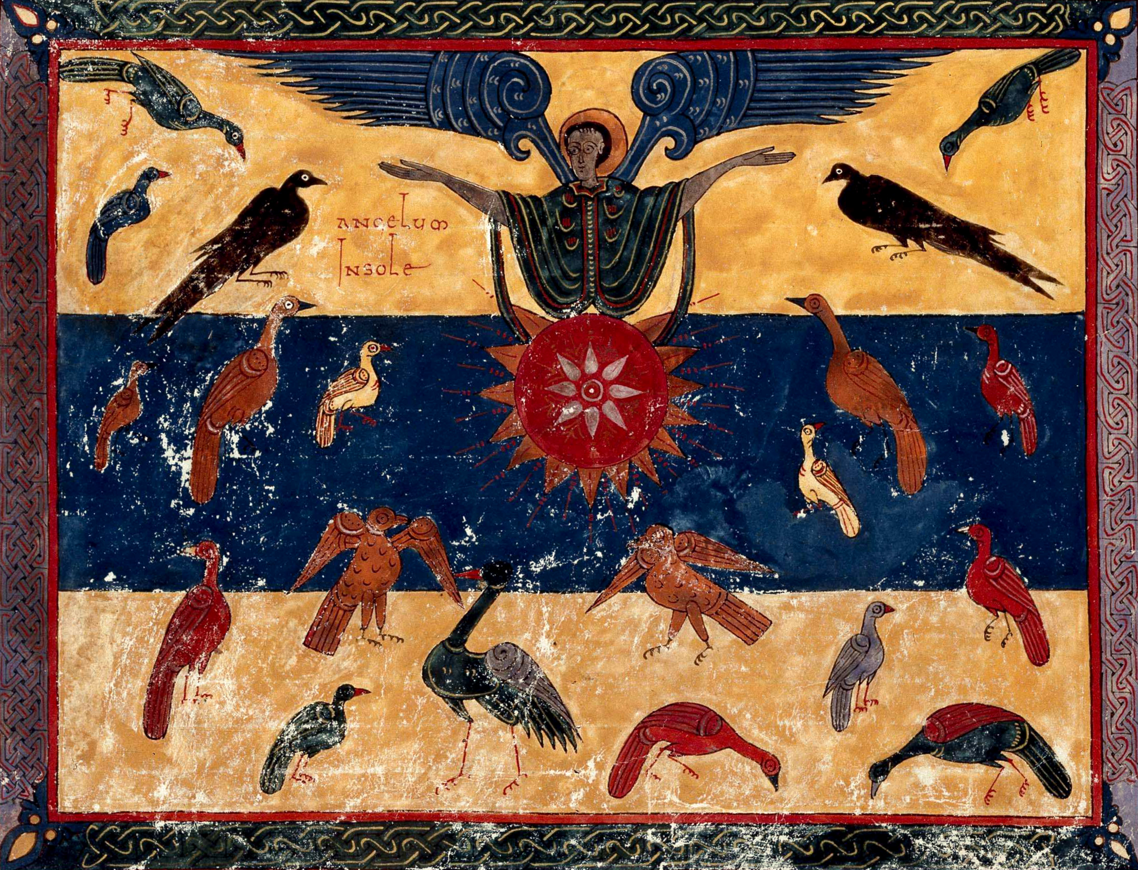 Beatus de Facundus, p. 482 – Un ange, debout sur le soleil, invite les oiseaux à se repaître de la chair des rois de la terre (Ap 19, 17-18).