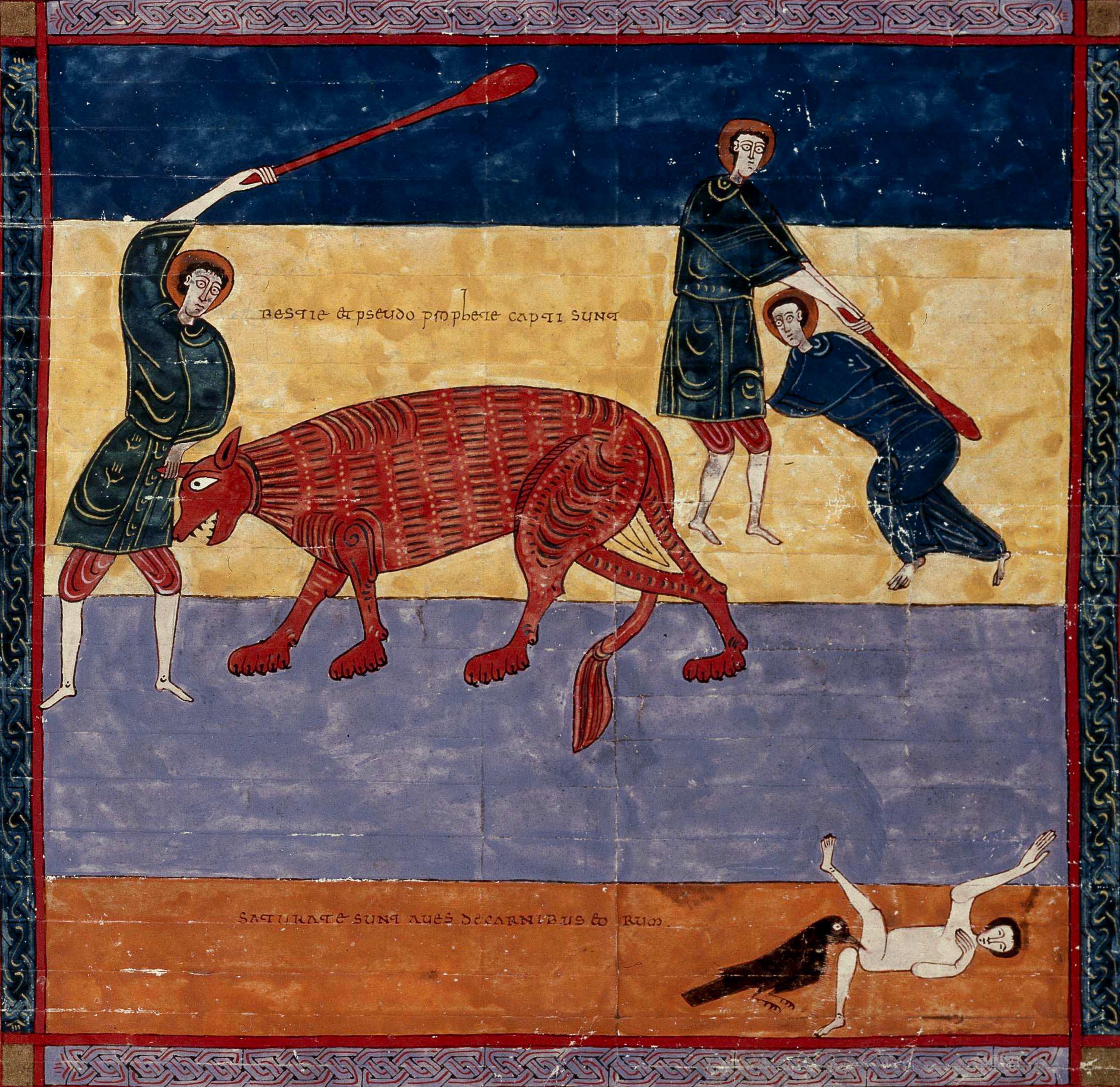 Beatus de Facundus, p. 485 – La capture de la Bête et du faux prophète, les oiseaux se repaîssent des vaincus (Ap 19, 19-21).