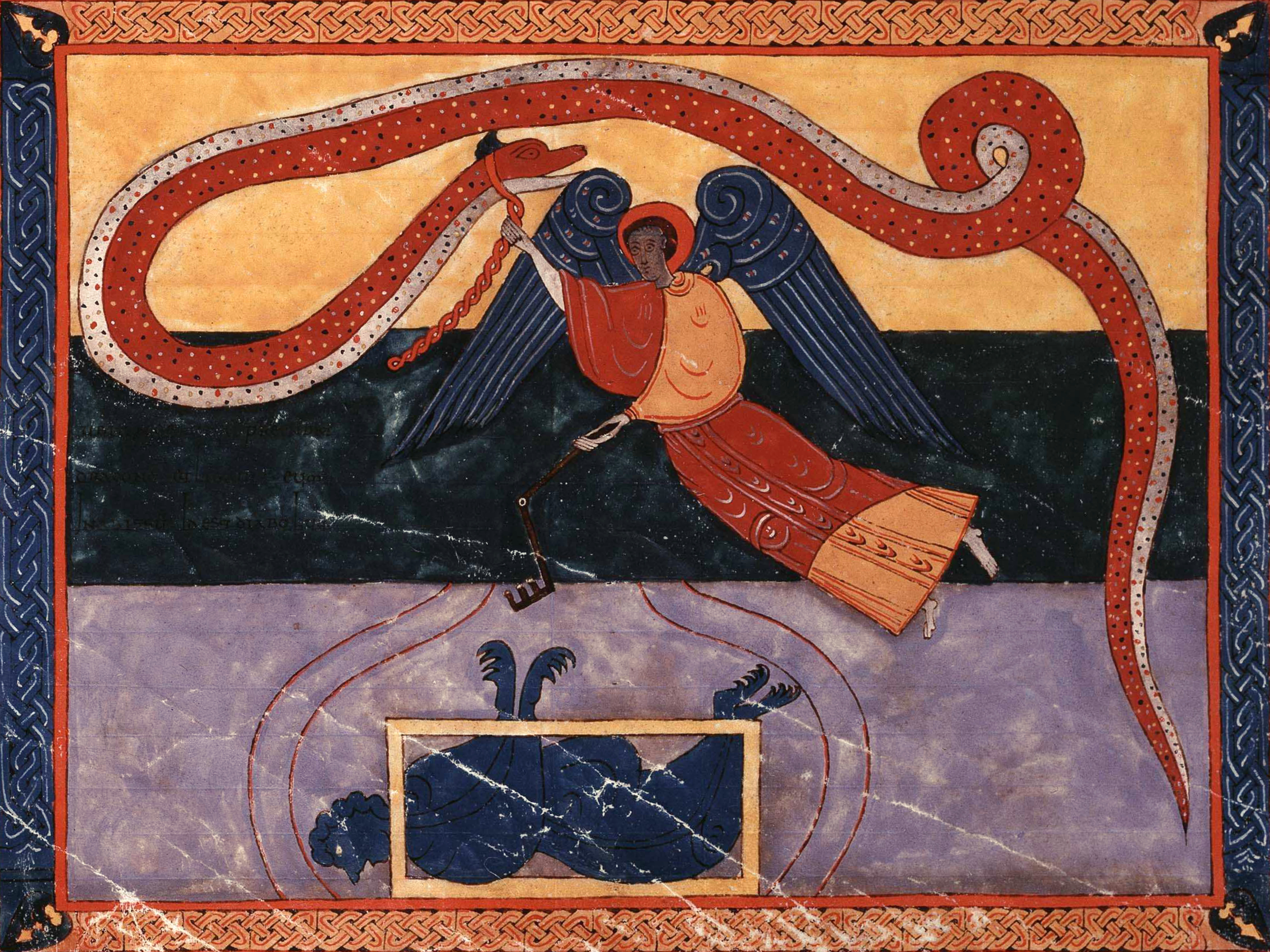 Beatus de Facundus, p. 487 – Un ange, porteur de la clef de l’Abîme, enchaîne le Dragon et le jette dans l’Abîme pour mille ans (Ap 20, 1-3).