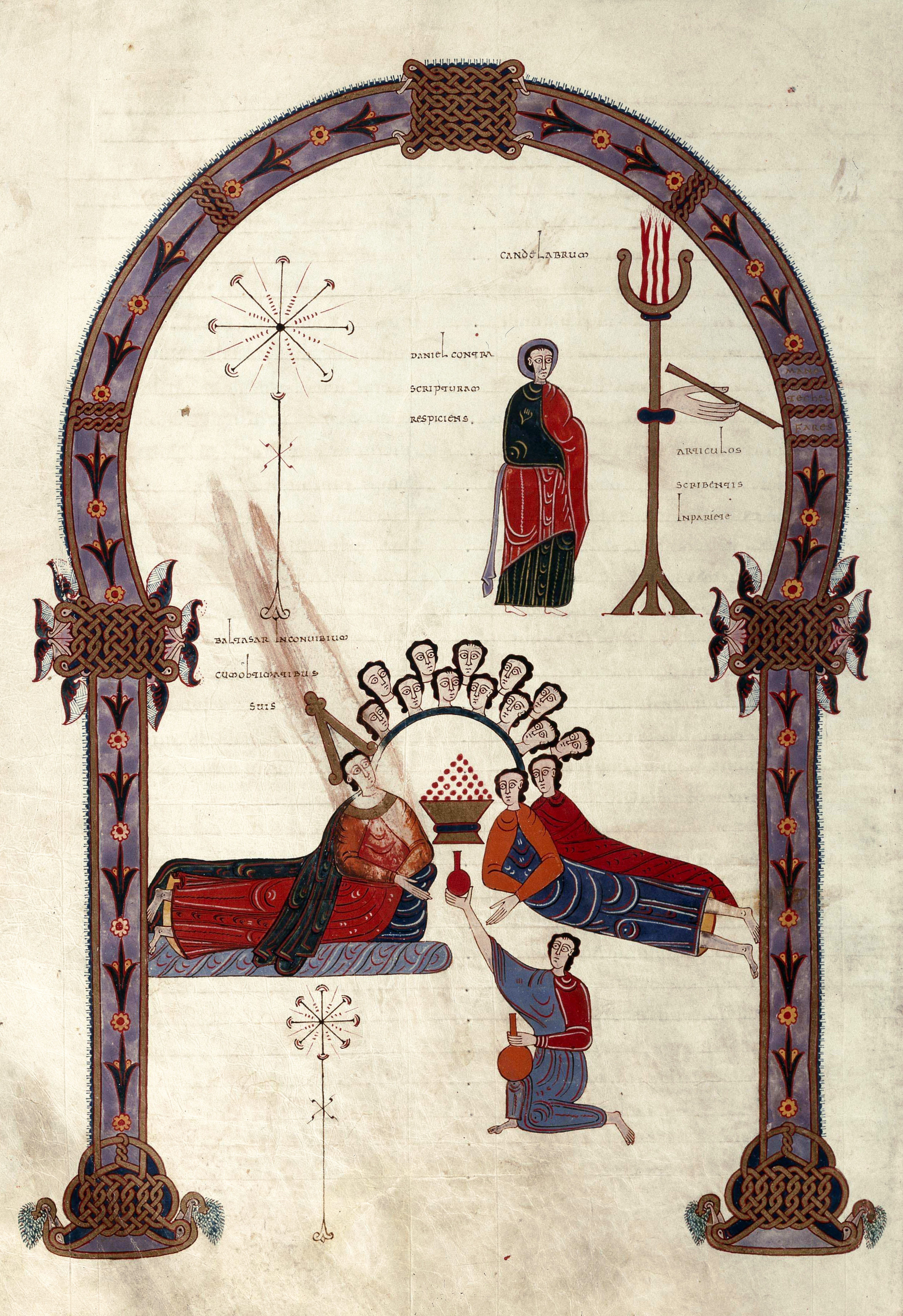 Beatus de Facundus, p. 563 – Le festin de Balthazar, l’apparition de la main humaine (Dn 5).