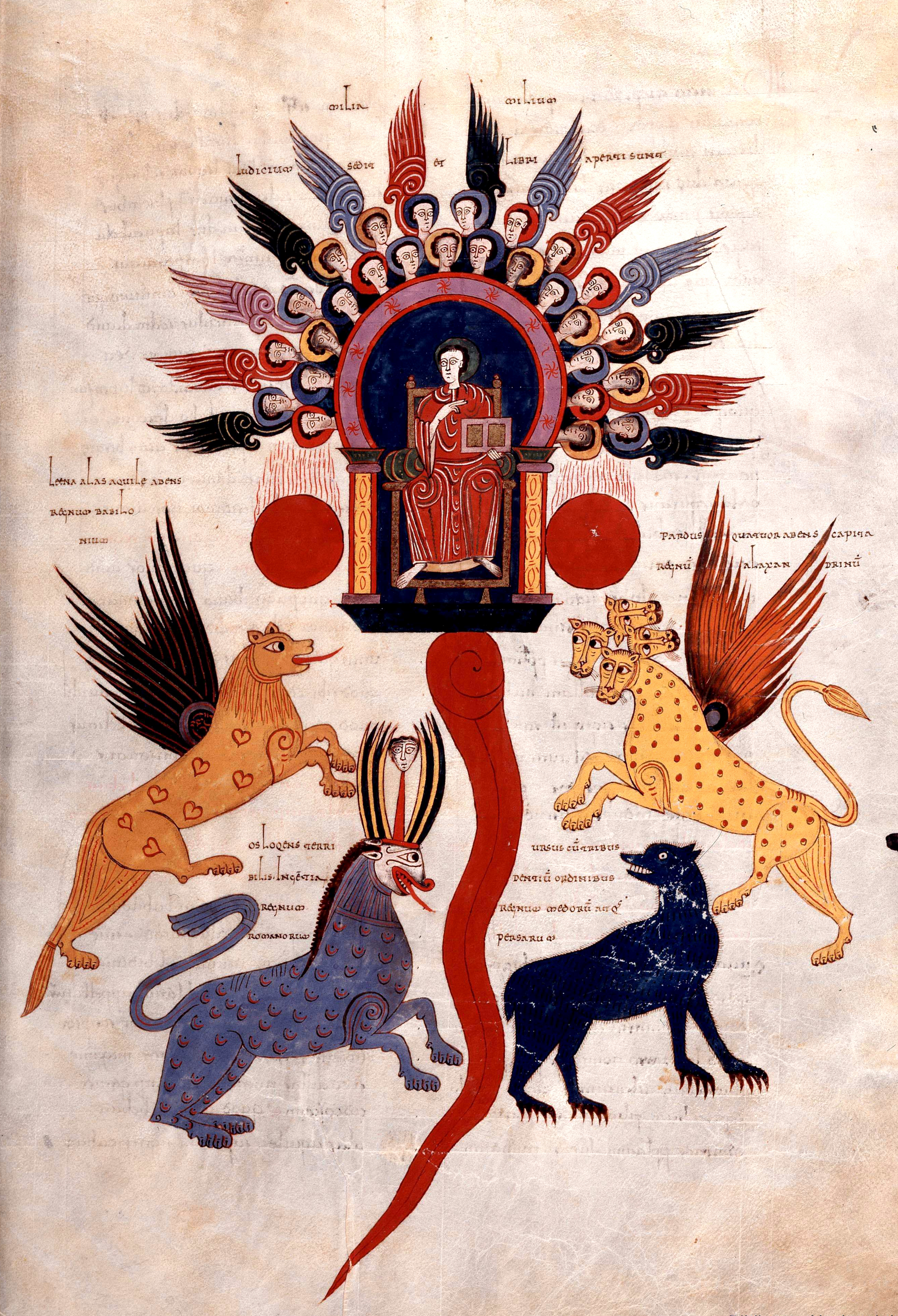Beatus de Facundus, p. 574 – Première vision de Daniel, les quatre bêtes et l’Ancien assis sur le trône ardent aux roues de feu, le fleuve de feu (Dn 7, 1-10).