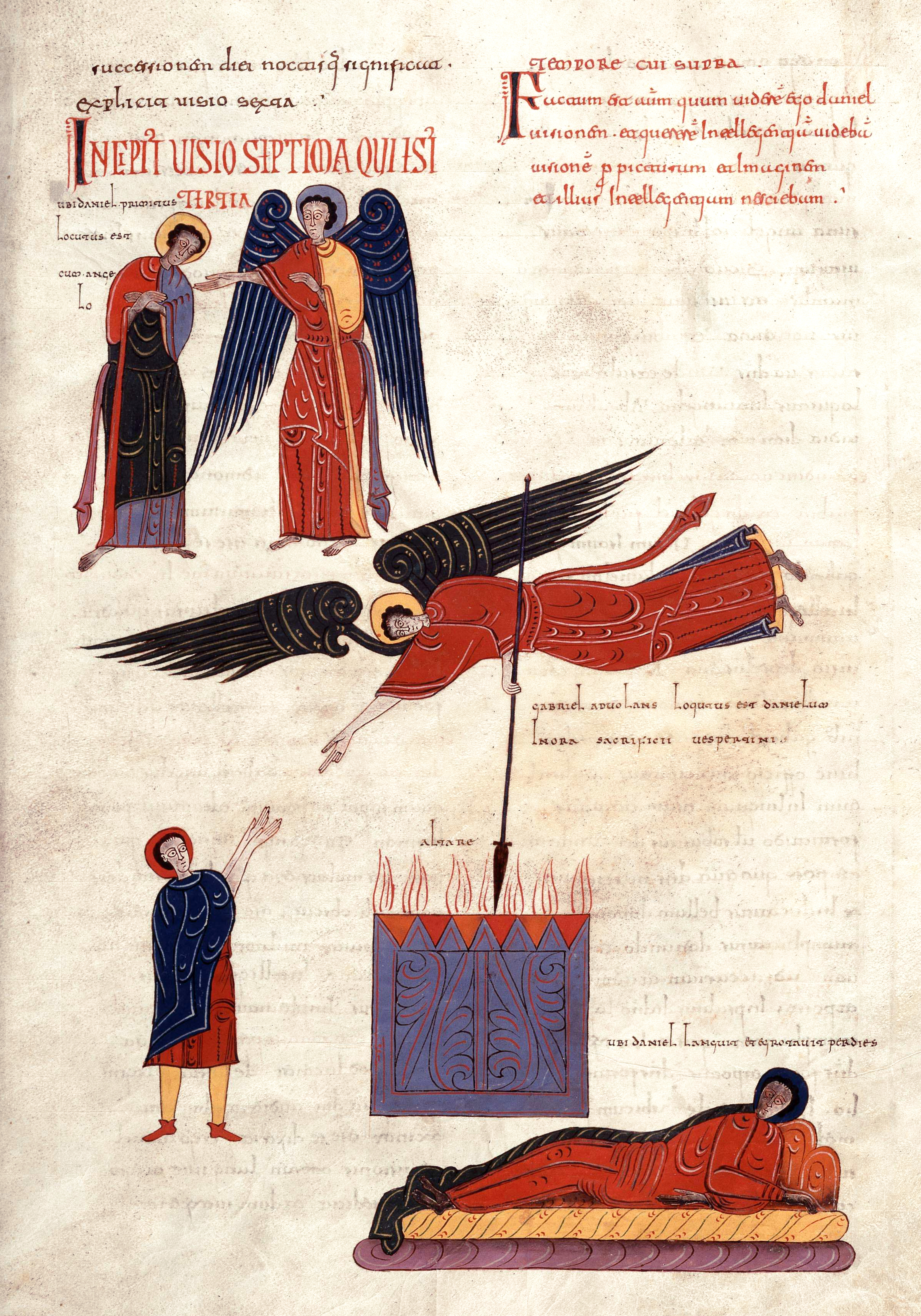 Beatus de Facundus, p. 586 – Première et deuxième apparition de l’ange Gabriel à Daniel  (Dn 8, 15-17 ; 8, 27-10, 9).