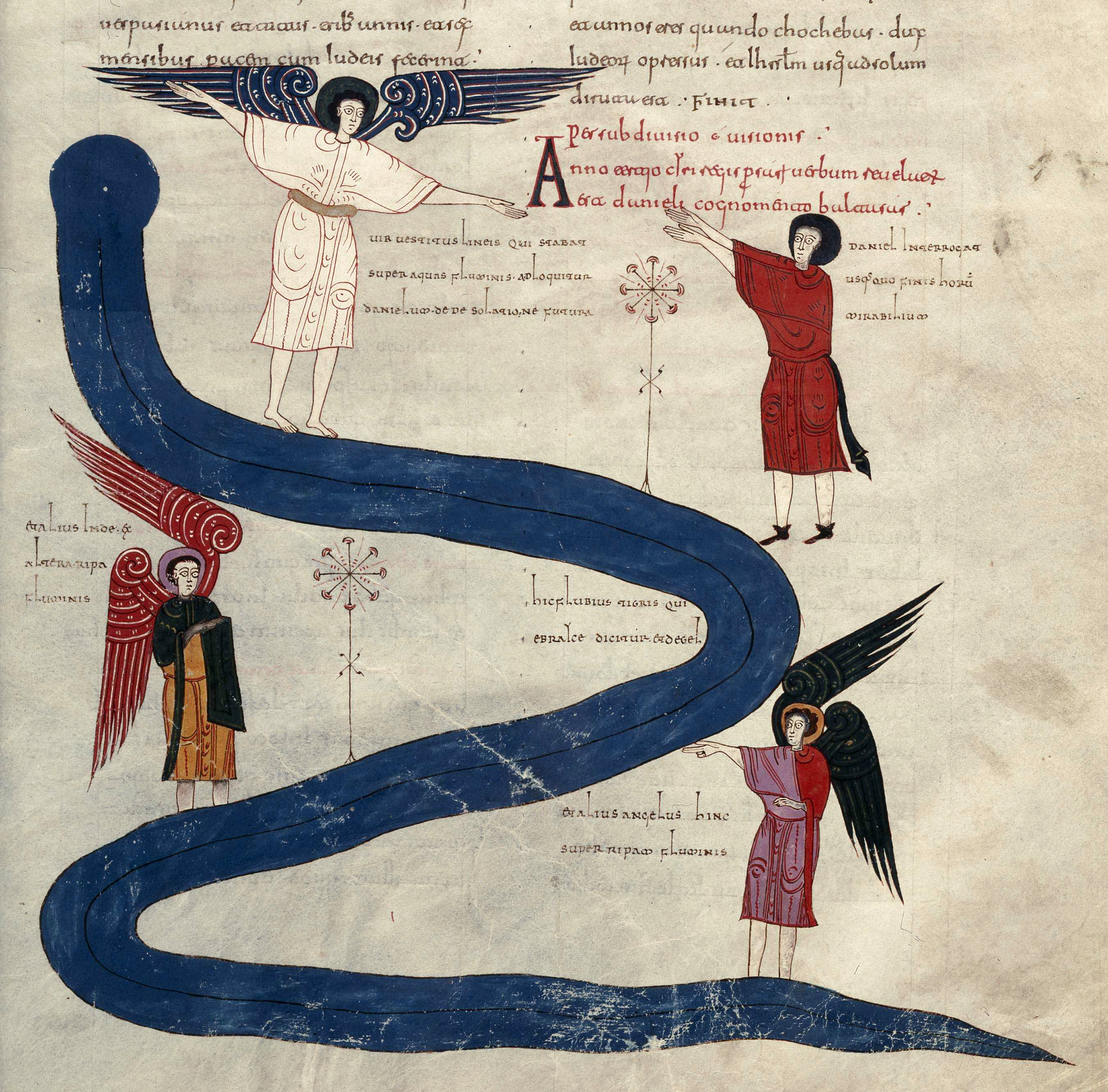 Beatus de Facundus, p. 600 – Troisième vision de Daniel sur les bords du Tigre, l’homme vêtu de lin (Dn 10, 1-12, 13).