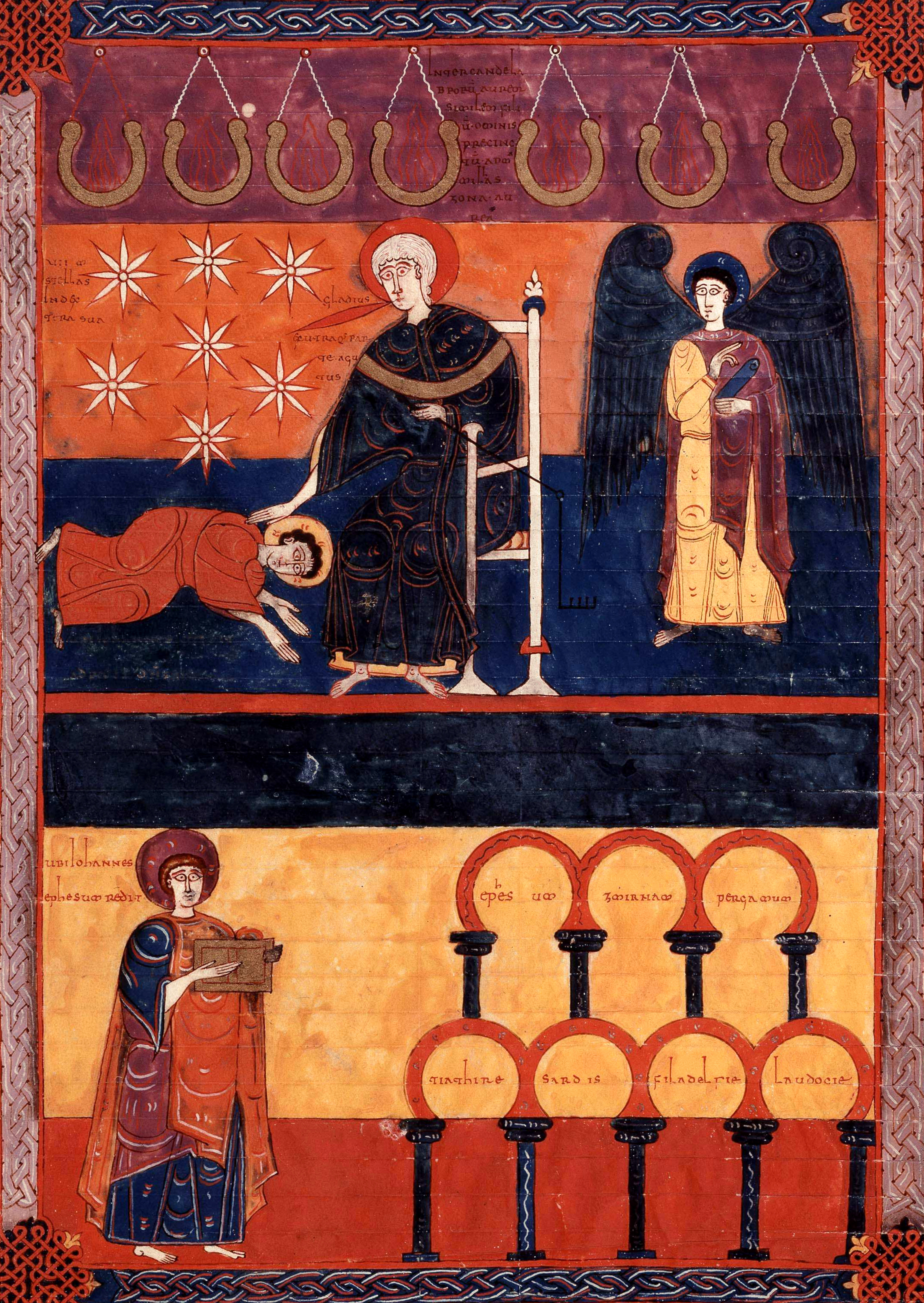 Beatus de Facundus, p. 91 – Vision du Fils de l’homme et mission de Jean auprès des sept églises d’Asie (Jn 1, 10-20).