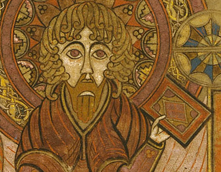 Livre de Kells – Portrait de saint Jean tenant ses instruments de copiste, détail, folio 291 recto