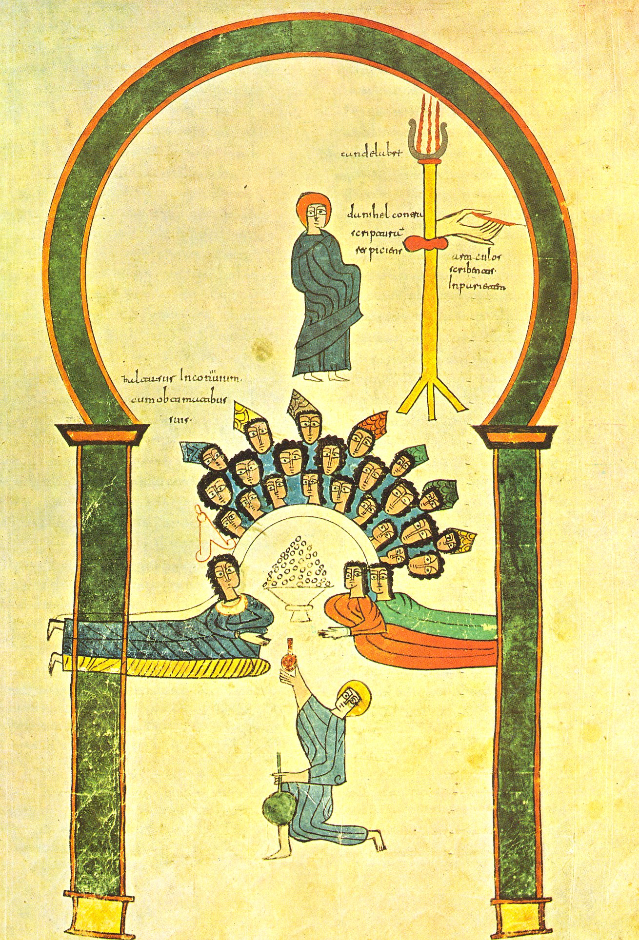 Beatus d’Urgell – Le festin de Balthazar, l’apparition de la main humaine (Dn 5), folio 219.