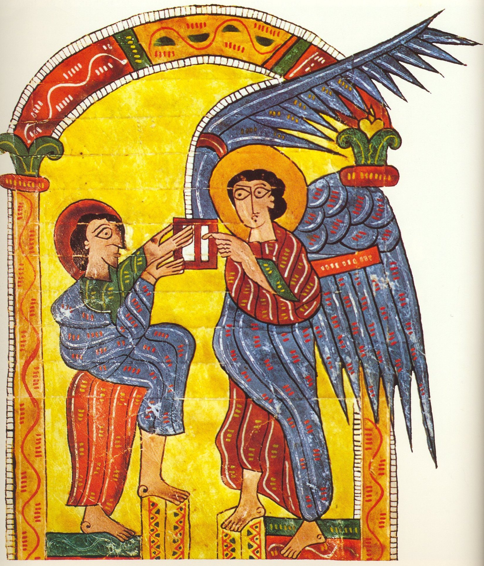 Beatus de l’Escorial – L’Ange remettant à Jean la lettre pour l’une des églises d’Asie (Ap 1-2).