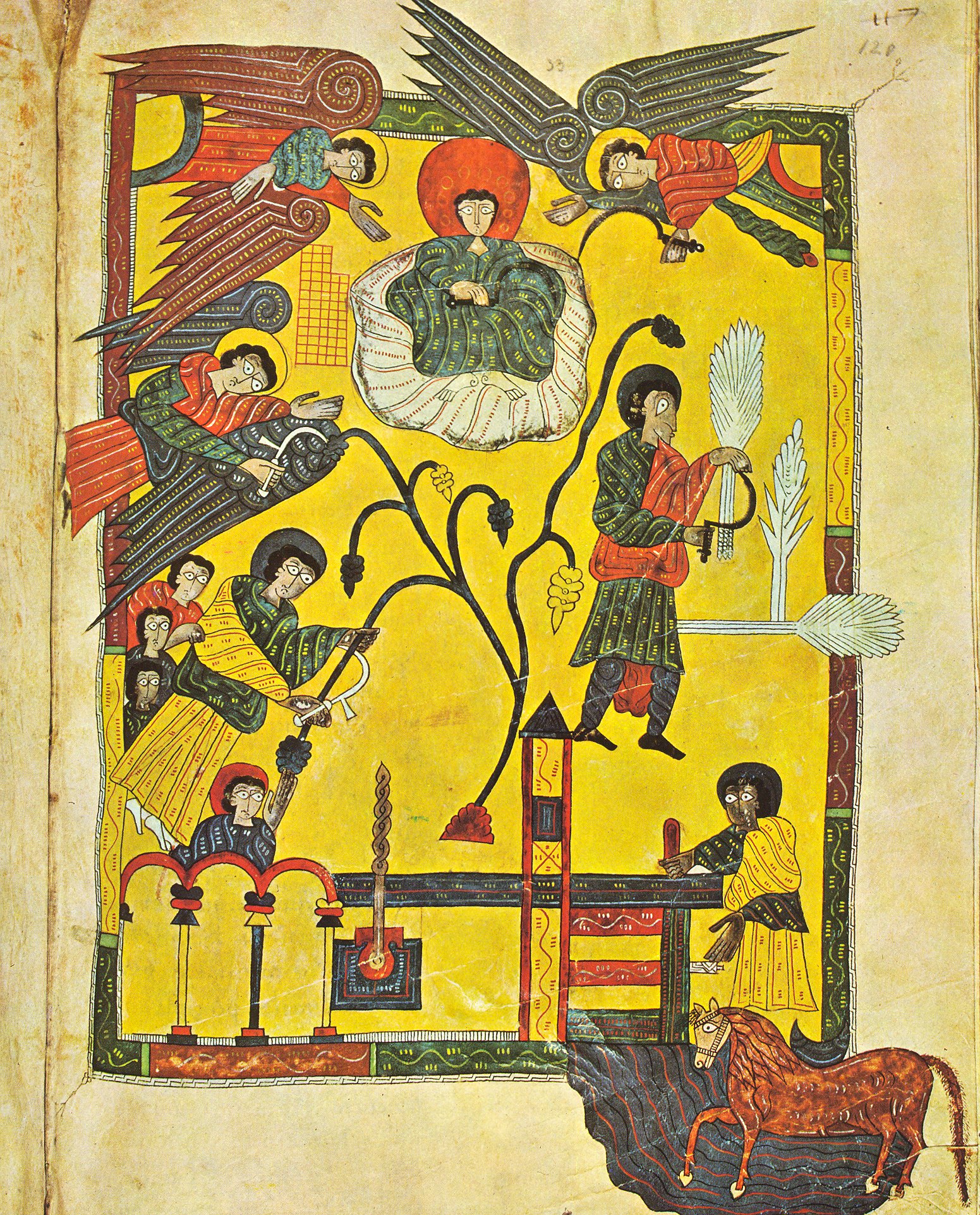 Beatus de l’Escorial – Moisson et Vendange eschatologique (Ap 14), folio 120.