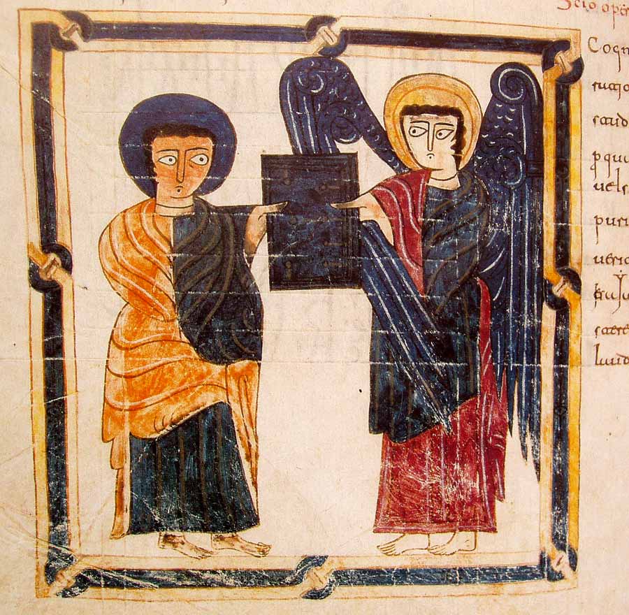 Beatus de l’Escorial – Un Ange remet à Jean, le voyant de Patmos, une lettre à destination de l-une des Églises d-Asie (Ap 1-2).