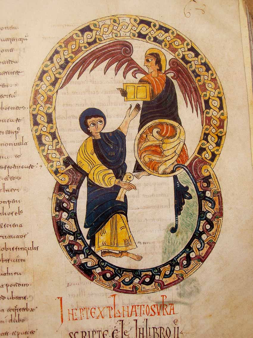 Beatus de l’Escorial – Un Ange remet à Jean, le voyant de Patmos, une lettre à destination de l’une des Églises d’Asie (Ap 1-2).