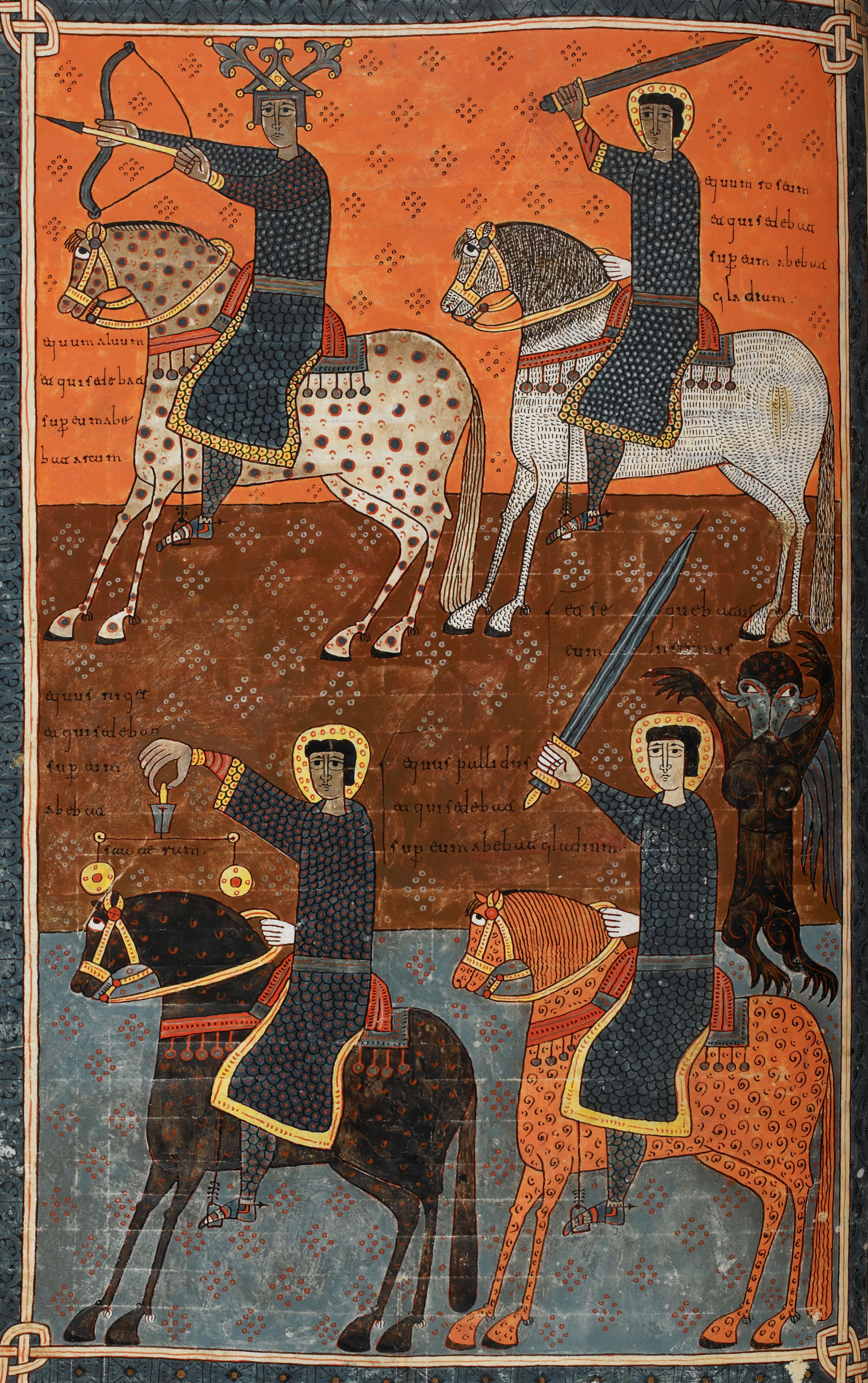 Beatus de Silos, folio 102v – Ouverture des quatre premiers sceaux, les quatre cavaliers (Ap 6, 1-8).