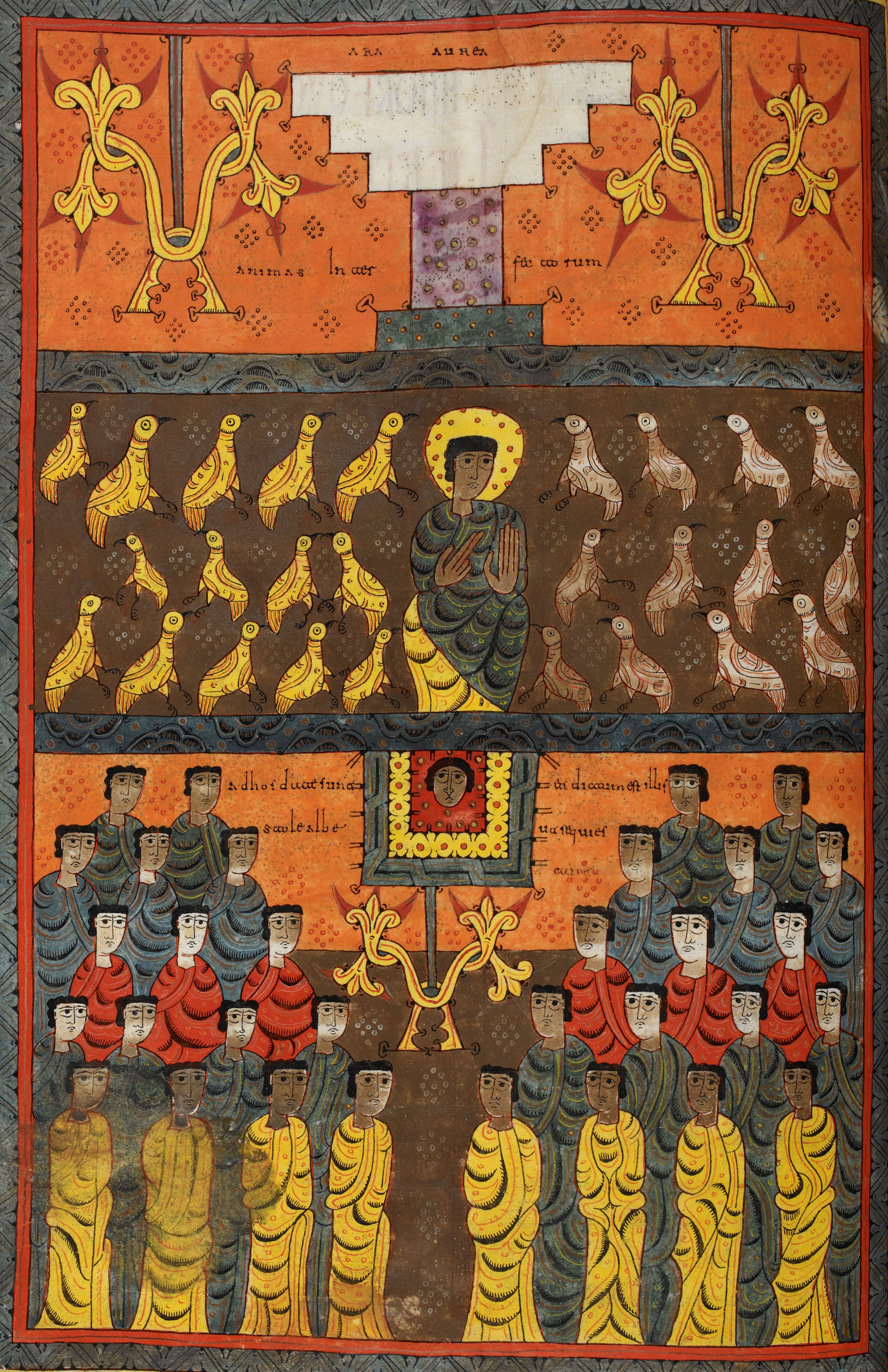 Beatus de Silos, folio 105v – Ouverture du cinquième sceau, sous l’autel les âmes des martyrs, représentées sous forme d’oiseaux, réclament justice (Ap 6, 9-11). Conforme à la tradition mozarabe l’autel est en forme de Tau.